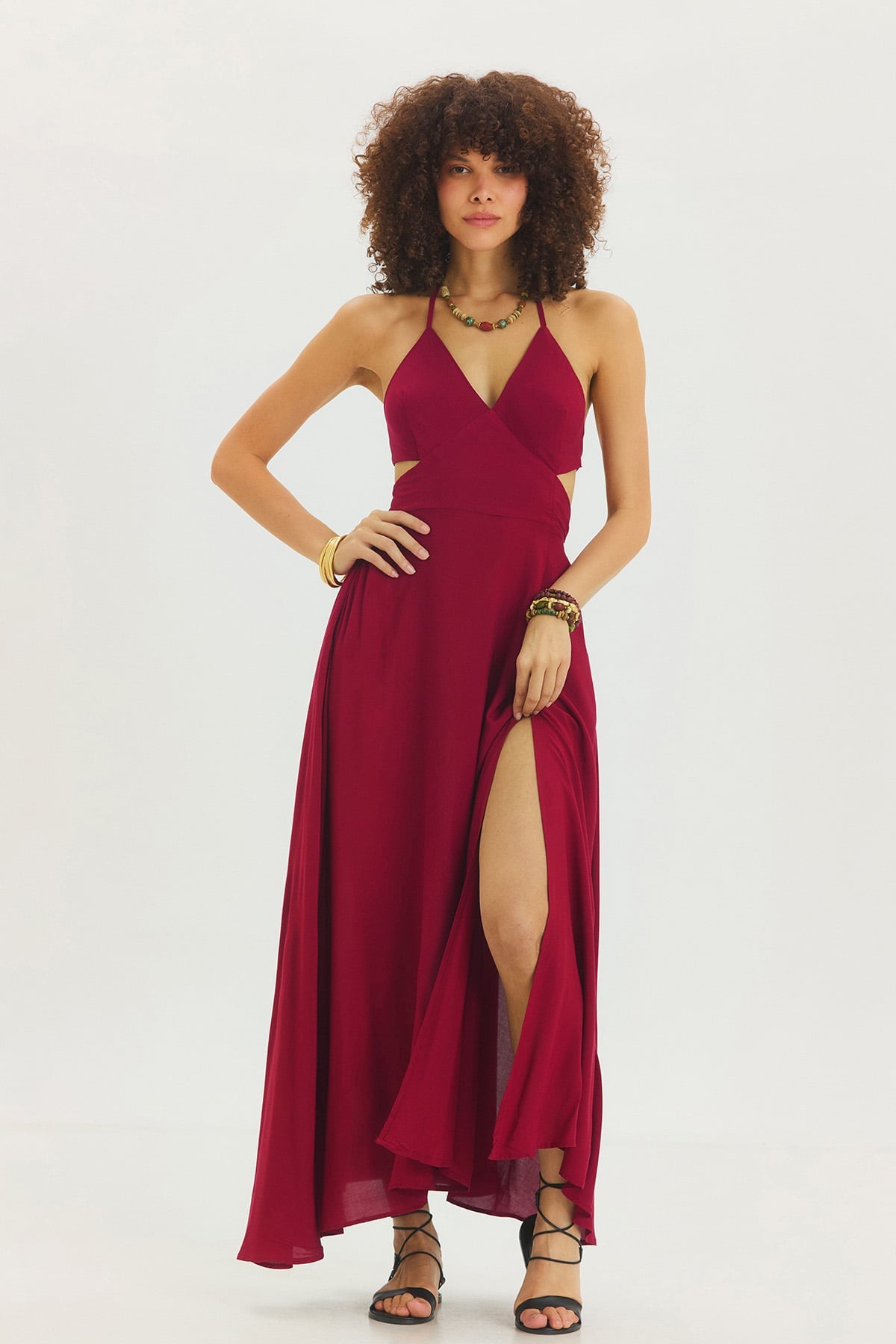 Derin Yırtmaçlı Bohem Maxi Elbise Bordo