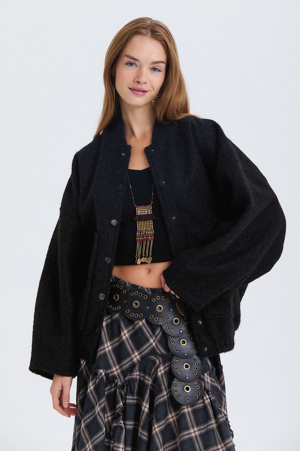 Yumuşak Oversize Bomber Ceket Siyah