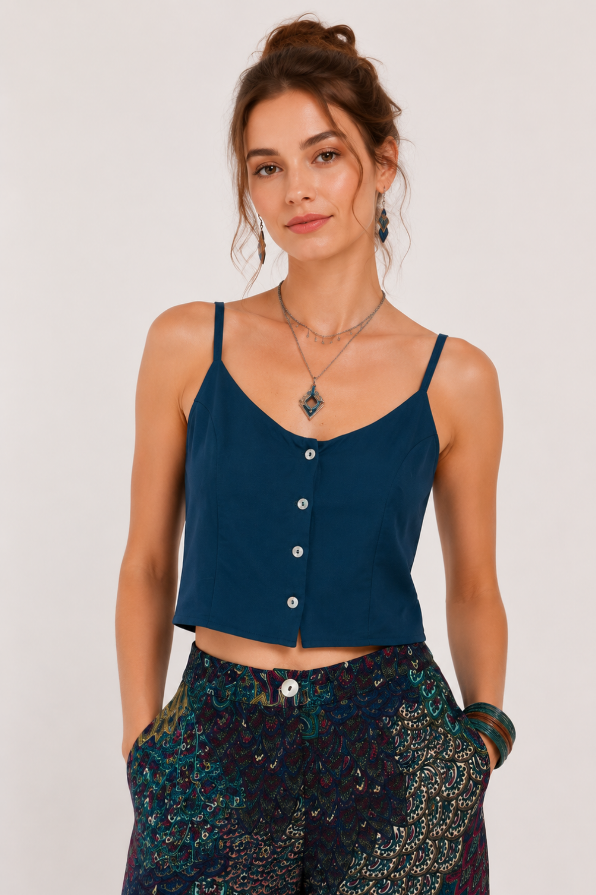 İp Askılı Düğmeli Crop Bluz Petrol