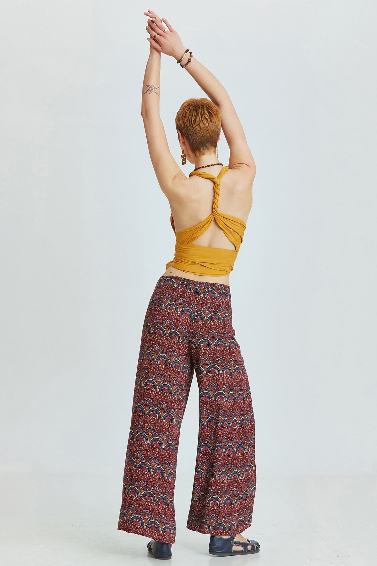 Bağlamalı Sırt Detaylı Şık Bohem Crop Bluz Sarı