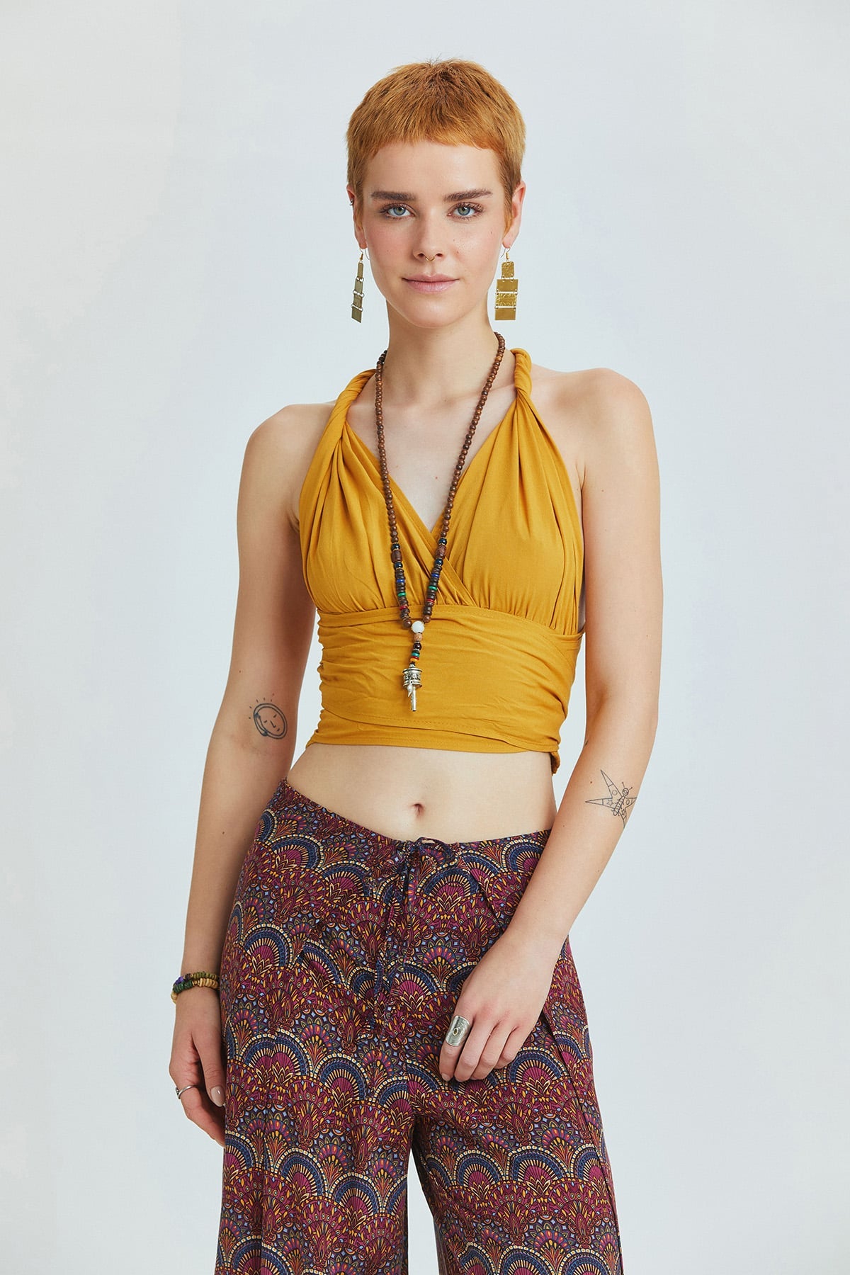 Bağlamalı Sırt Detaylı Şık Bohem Crop Bluz Sarı