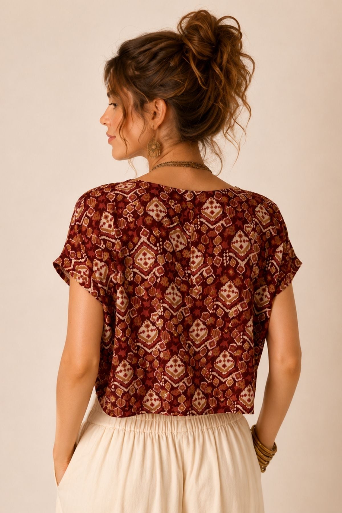 Kayık Yaka Oversize Yazlık Crop Bohem Bluz Mor -  Kahverengi