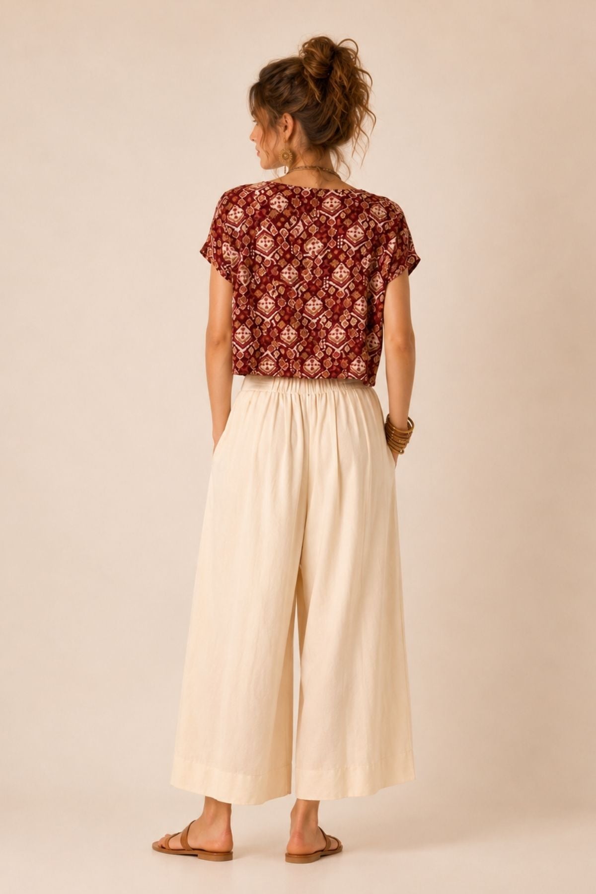 Kayık Yaka Oversize Yazlık Crop Bohem Bluz Mor -  Kahverengi