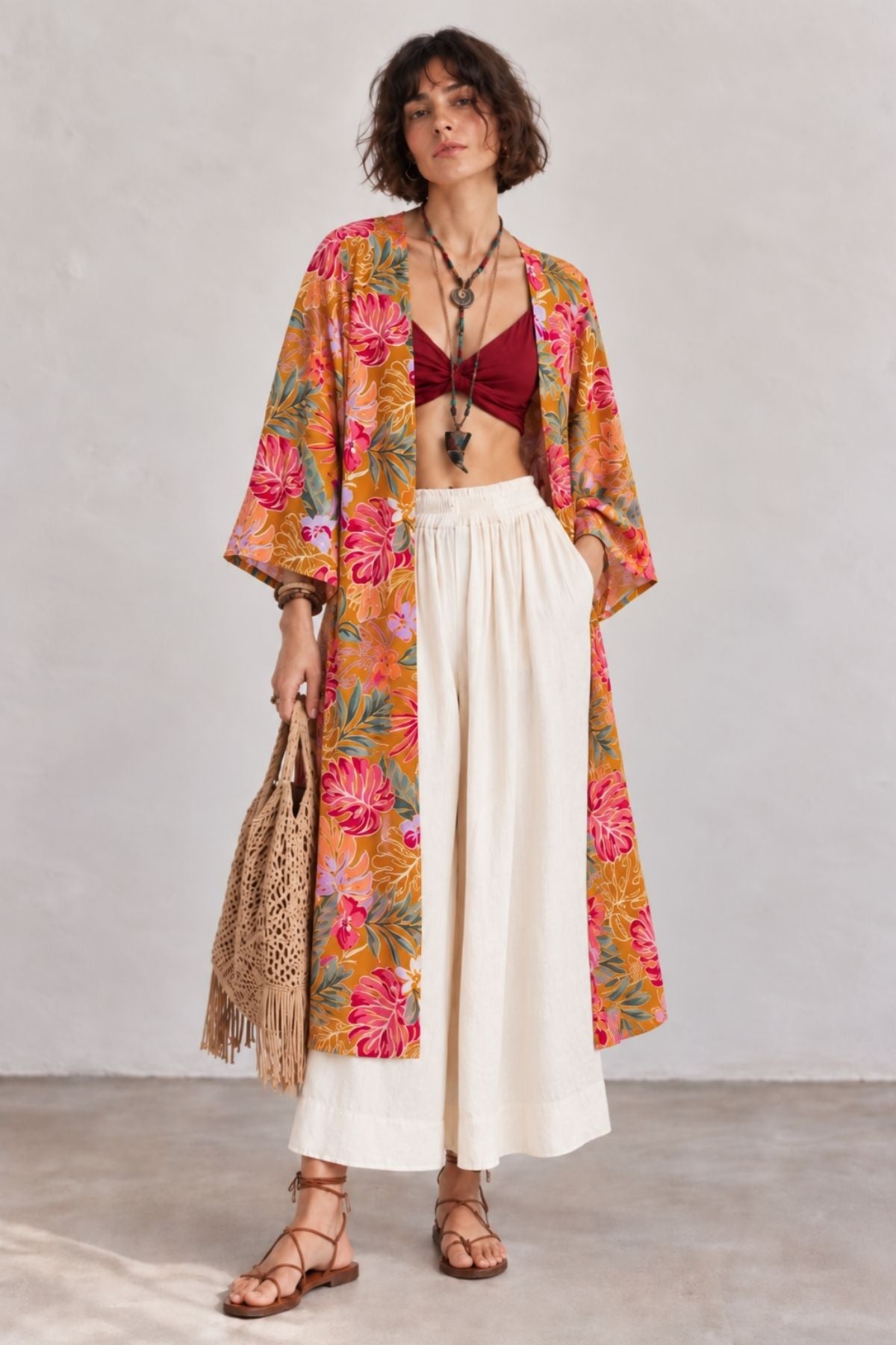 Uzun Kollu Desenli Bohem Kimono Hardal
