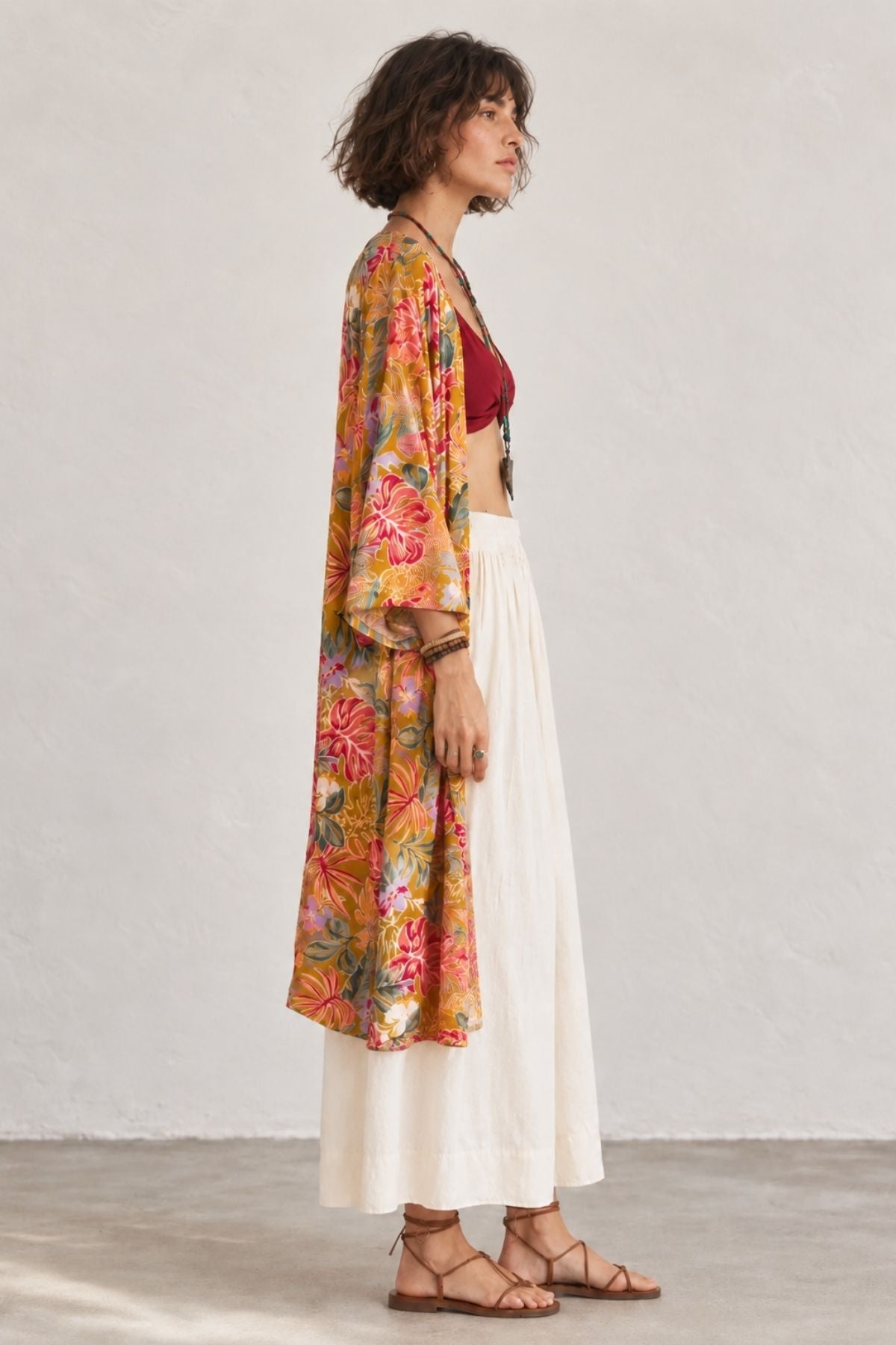 Uzun Kollu Desenli Bohem Kimono Hardal