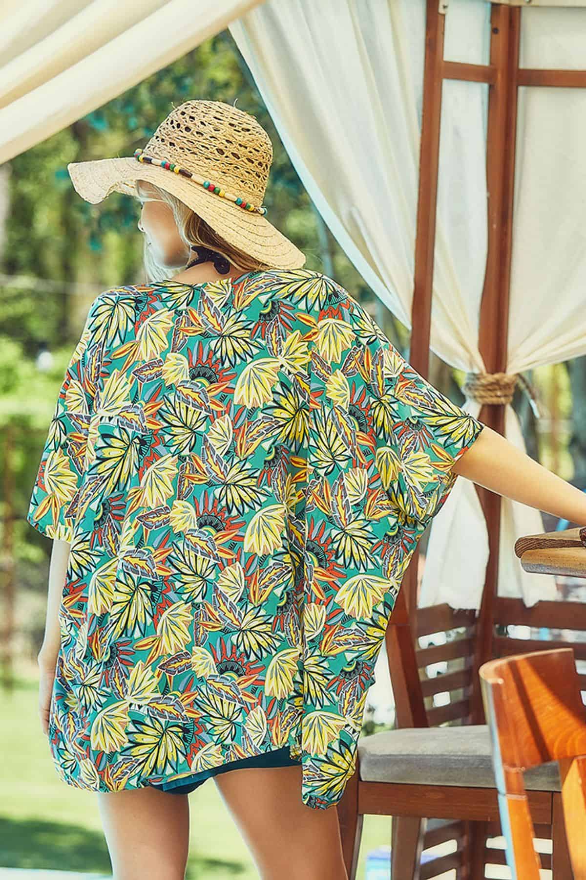 Etnik Desenli Kimono Turkuaz