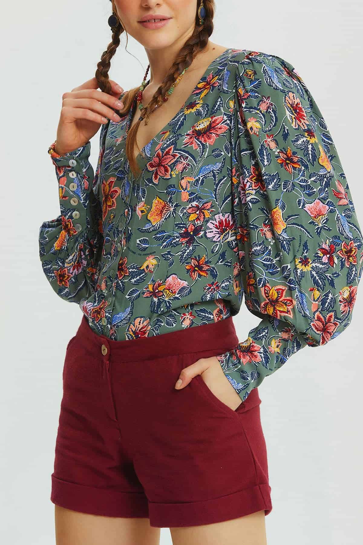 Kol Detaylı Çiçekli Retro Kadın Gömlek Gri
