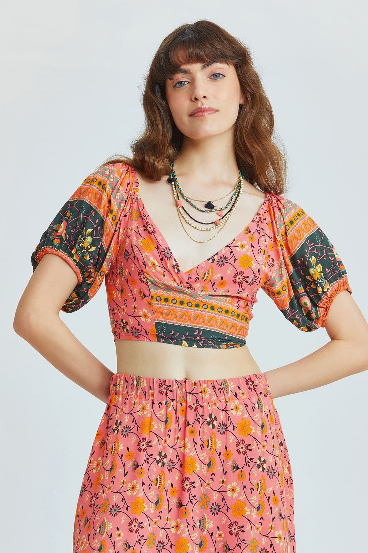 Önden Bağlamalı Crop Bluz Pembe
