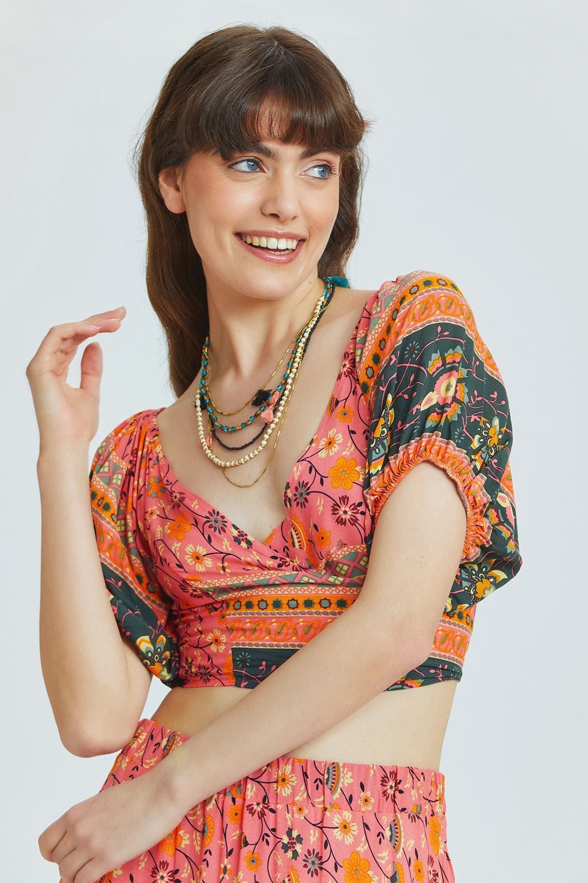 Önden Bağlamalı Crop Bluz Pembe