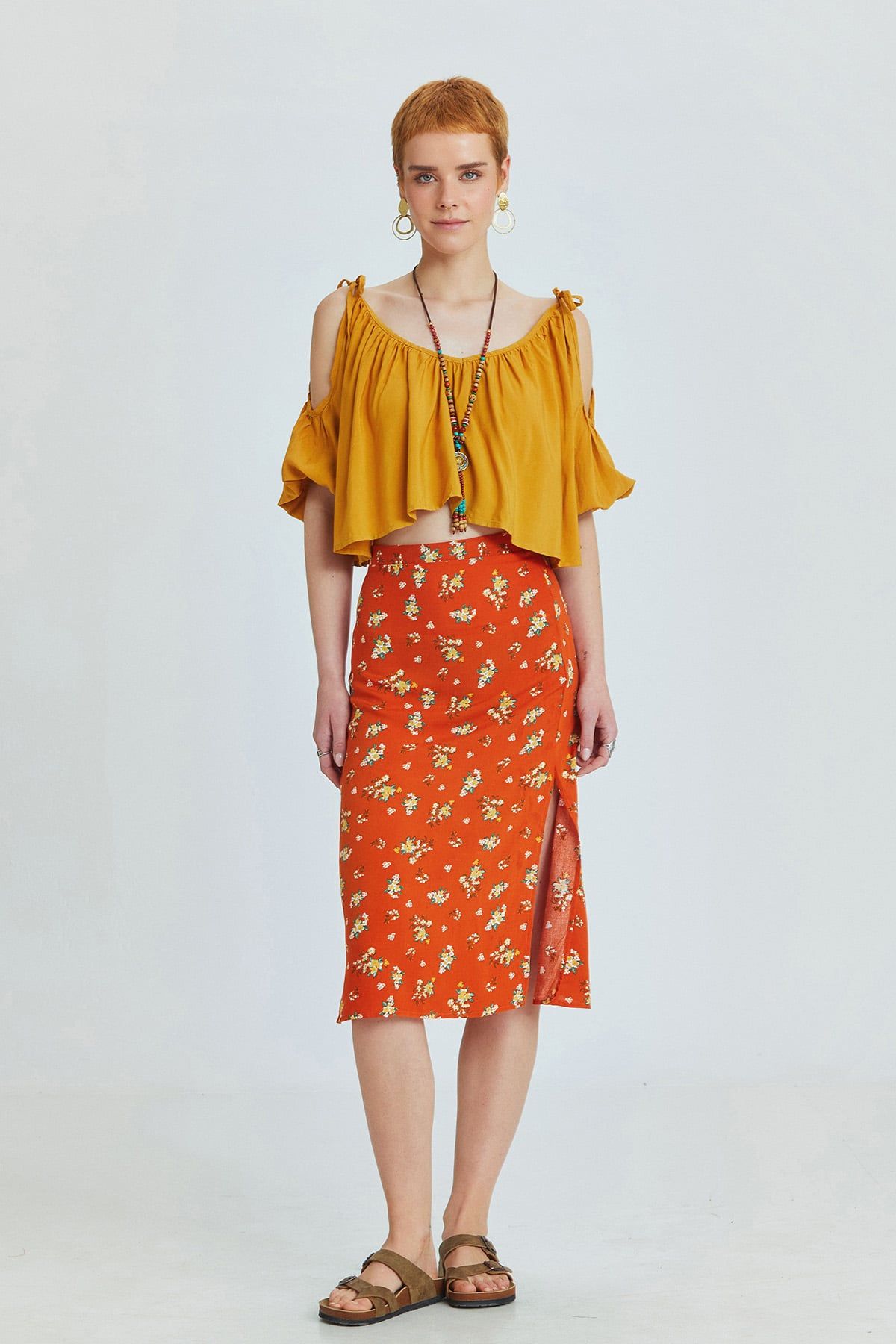 Omuzları Bağcıklı Düz Crop Top Sarı