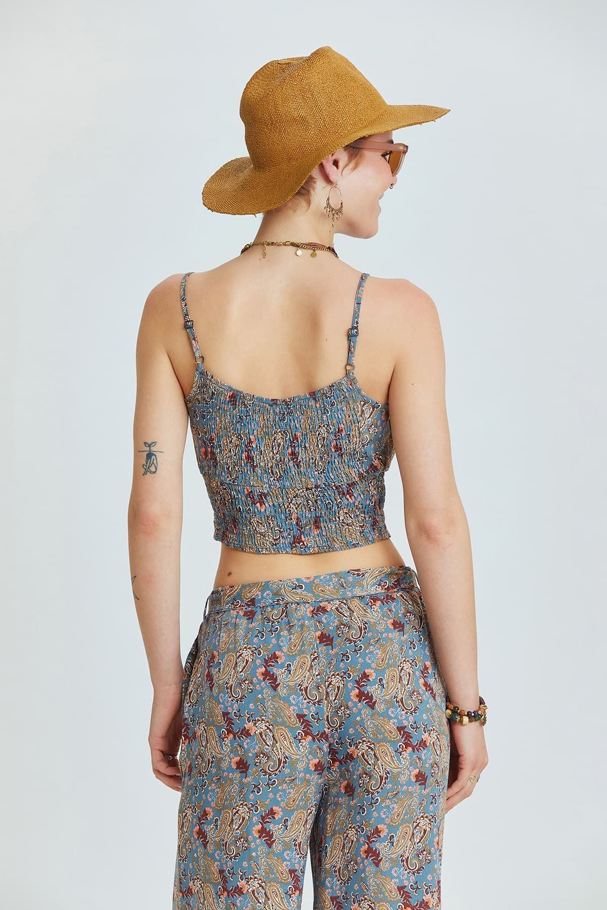 Askılı Bohem Crop Bluz Mavi