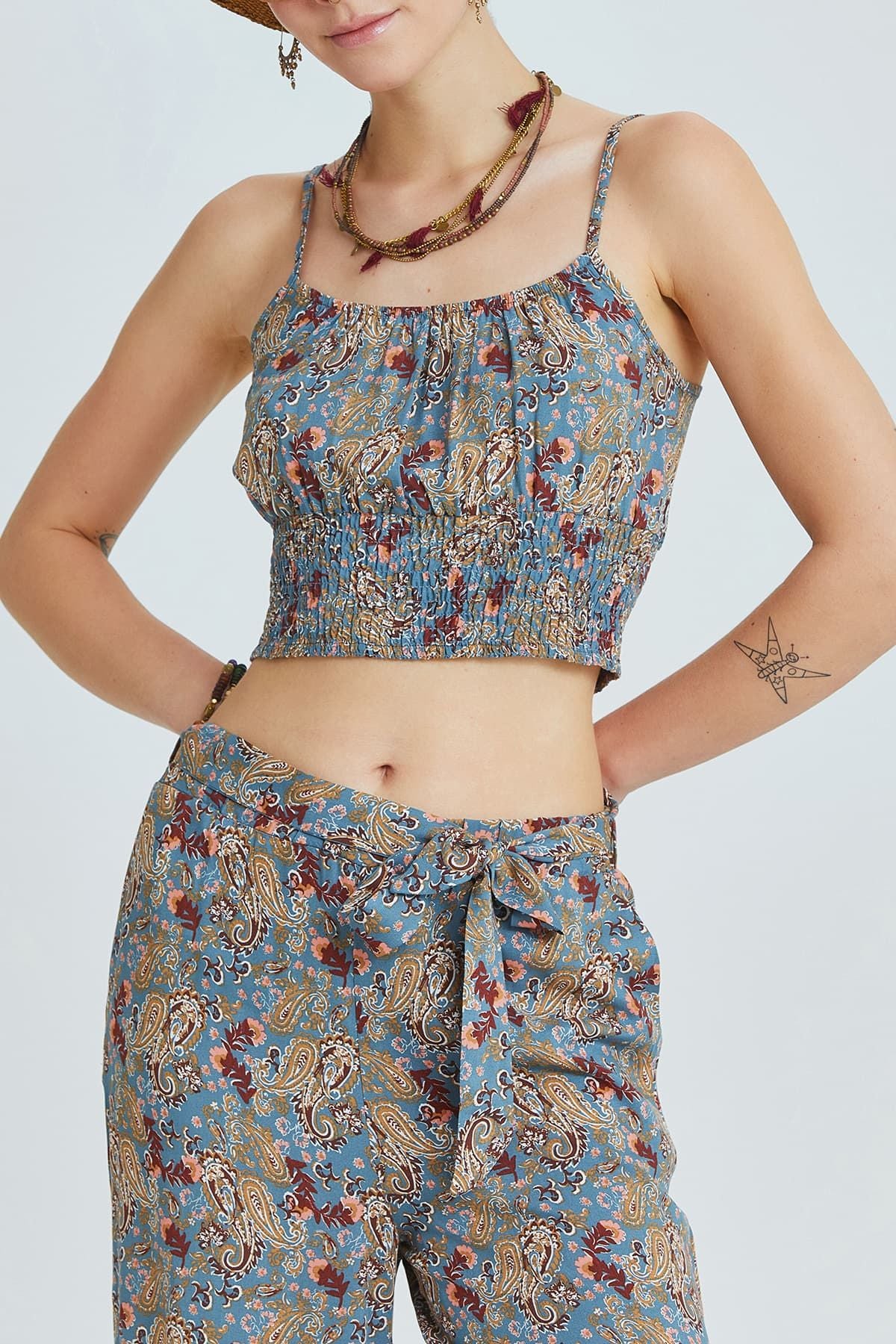 Askılı Bohem Crop Bluz Mavi