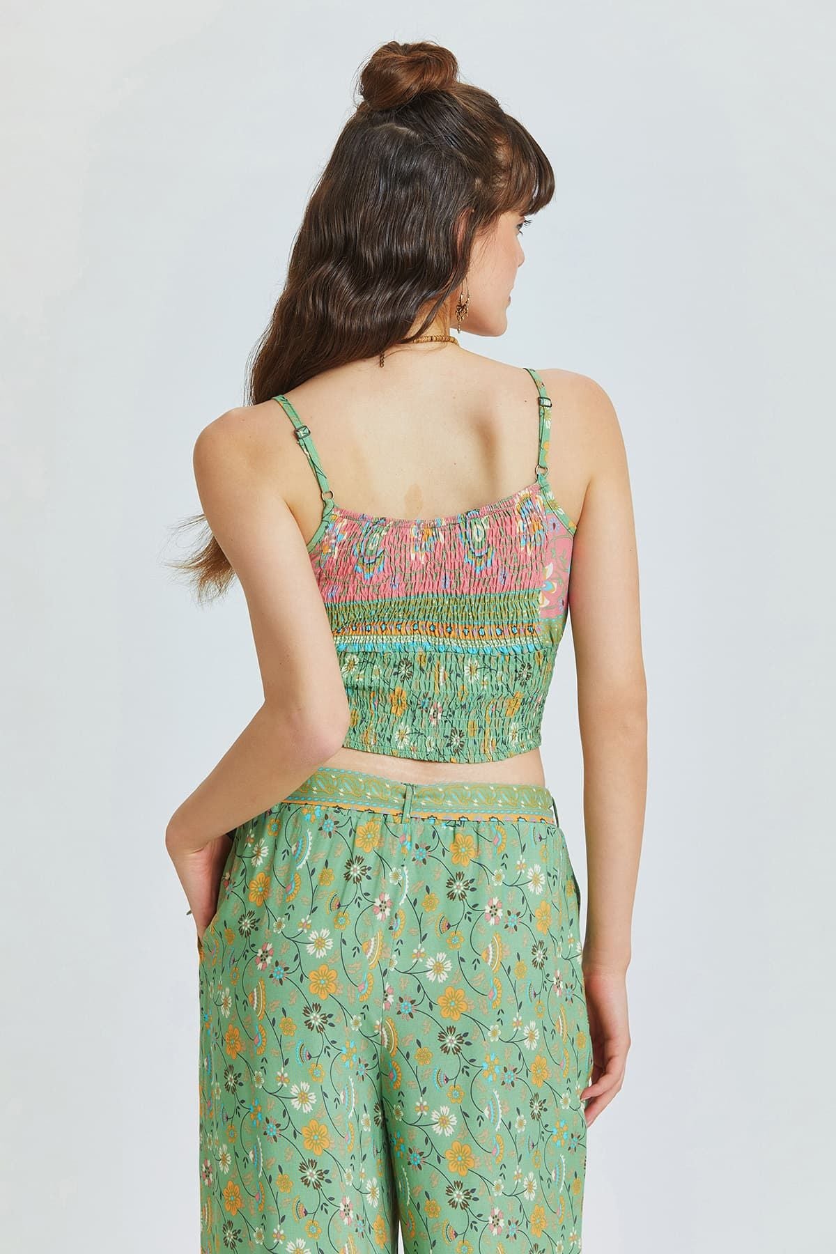 Askılı Bohem Crop Bluz Yeşil