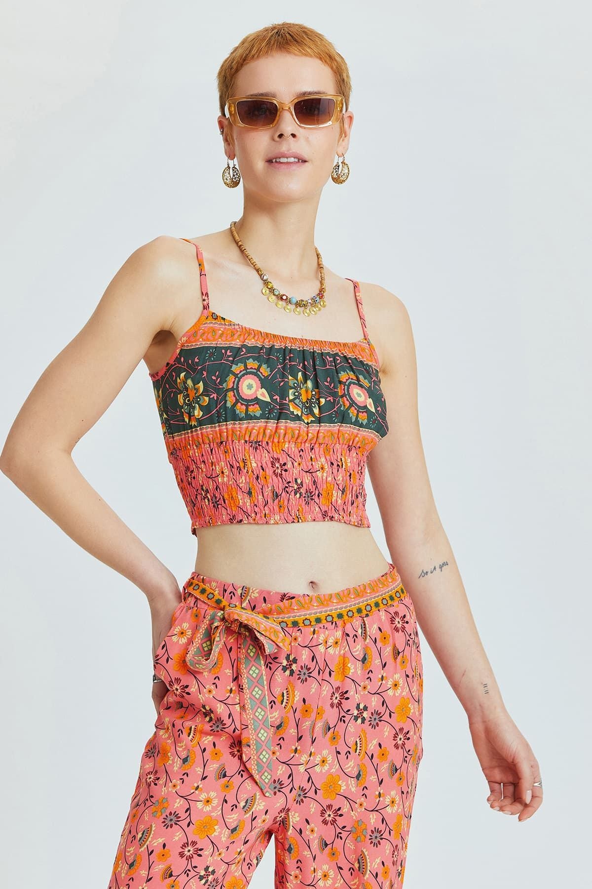 Askılı Bohem Crop Bluz Pembe