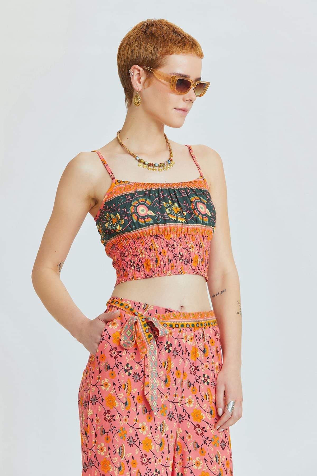 Askılı Bohem Crop Bluz Pembe