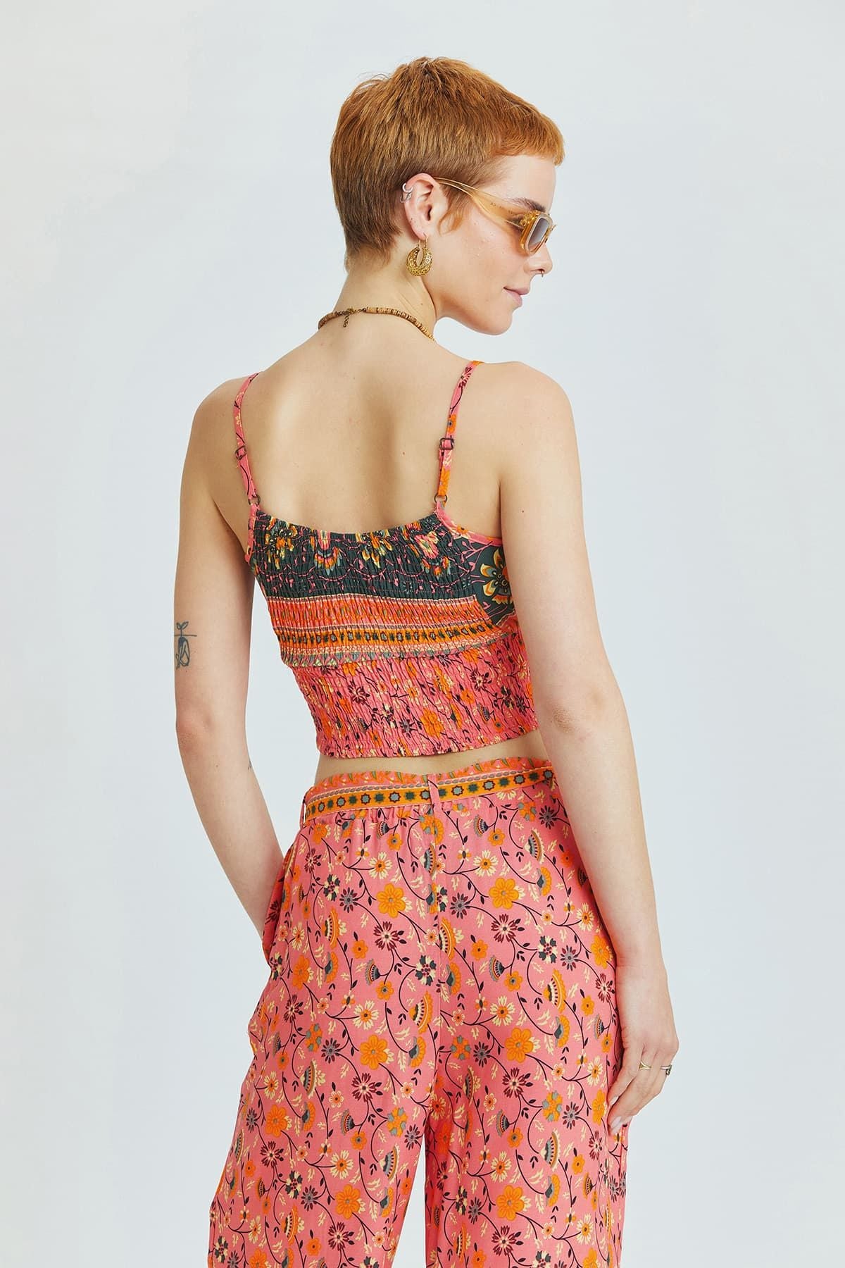 Askılı Bohem Crop Bluz Pembe