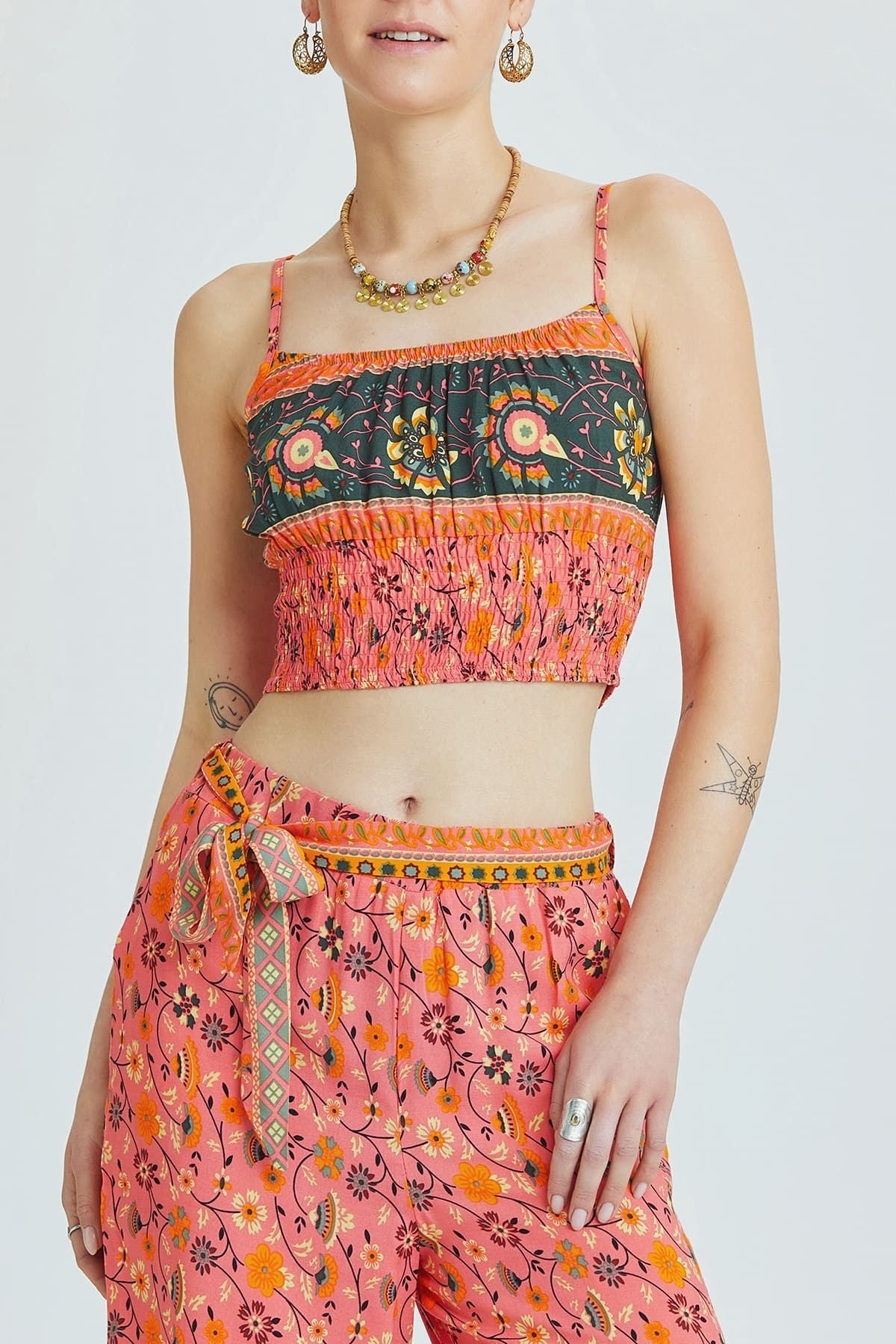Askılı Bohem Crop Bluz Pembe