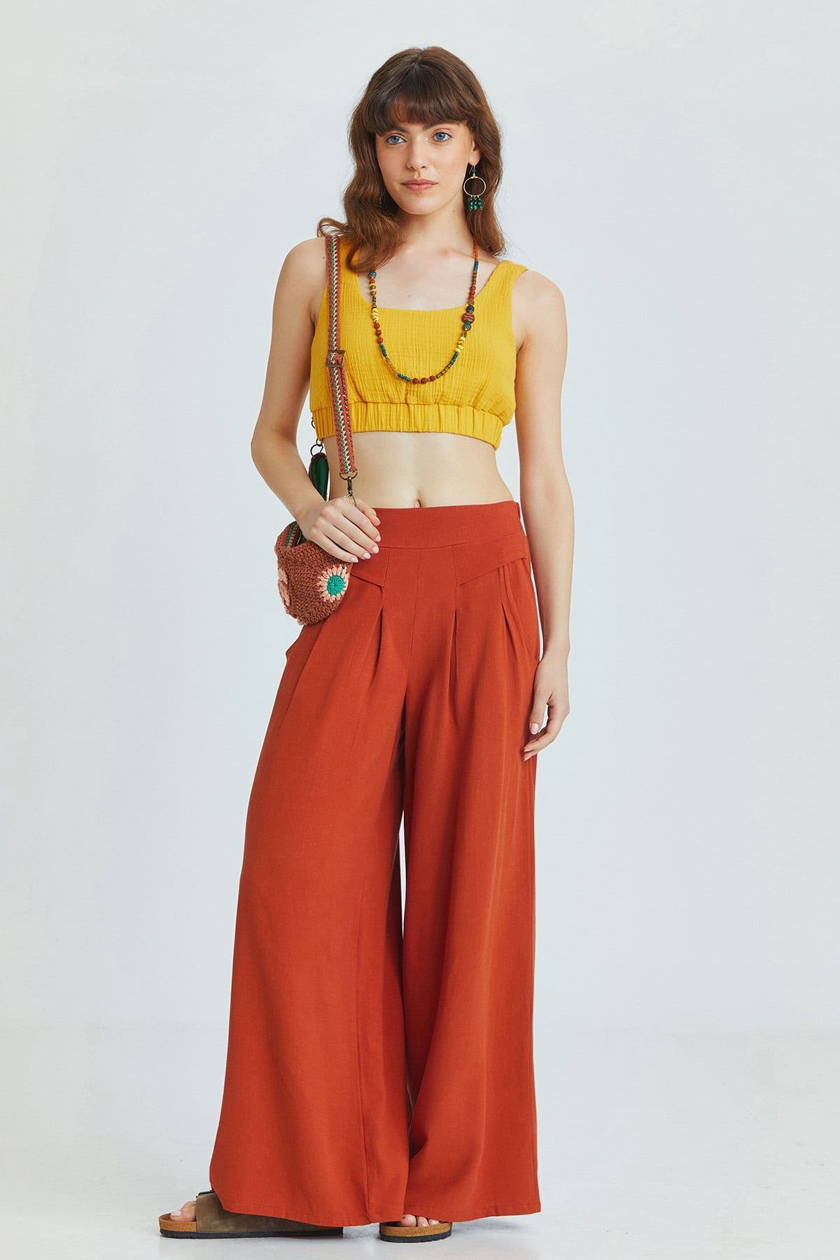 Havuz Yaka Crop Bluz Hardal