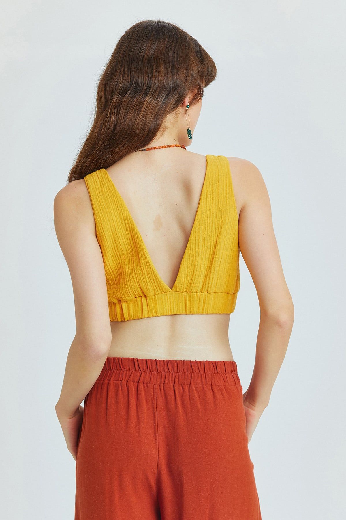 Havuz Yaka Crop Bluz Hardal