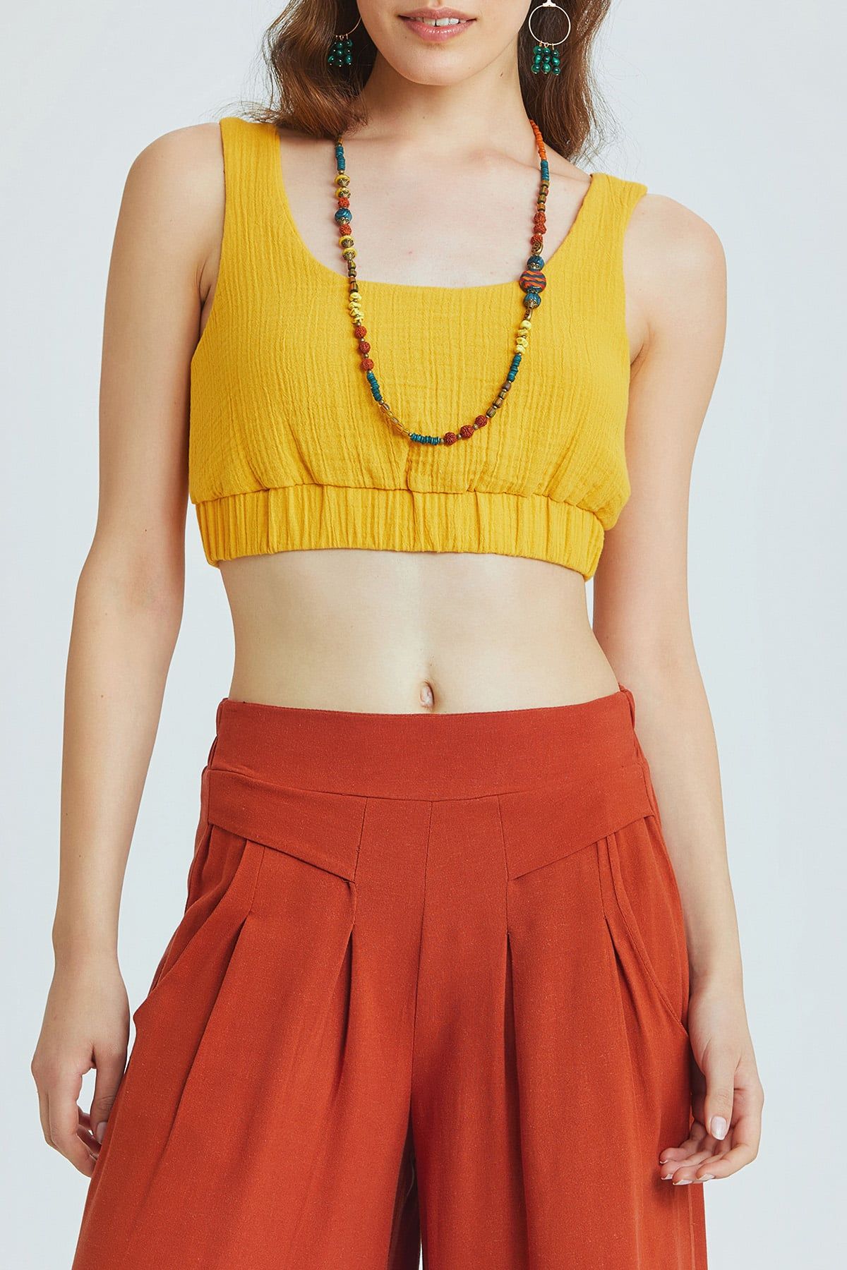 Havuz Yaka Crop Bluz Hardal