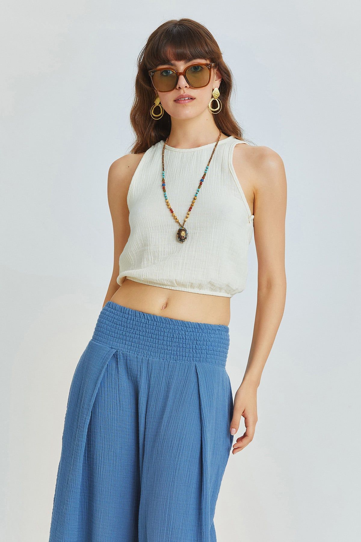 Beli Lastikli Basic Crop Bluz Bej