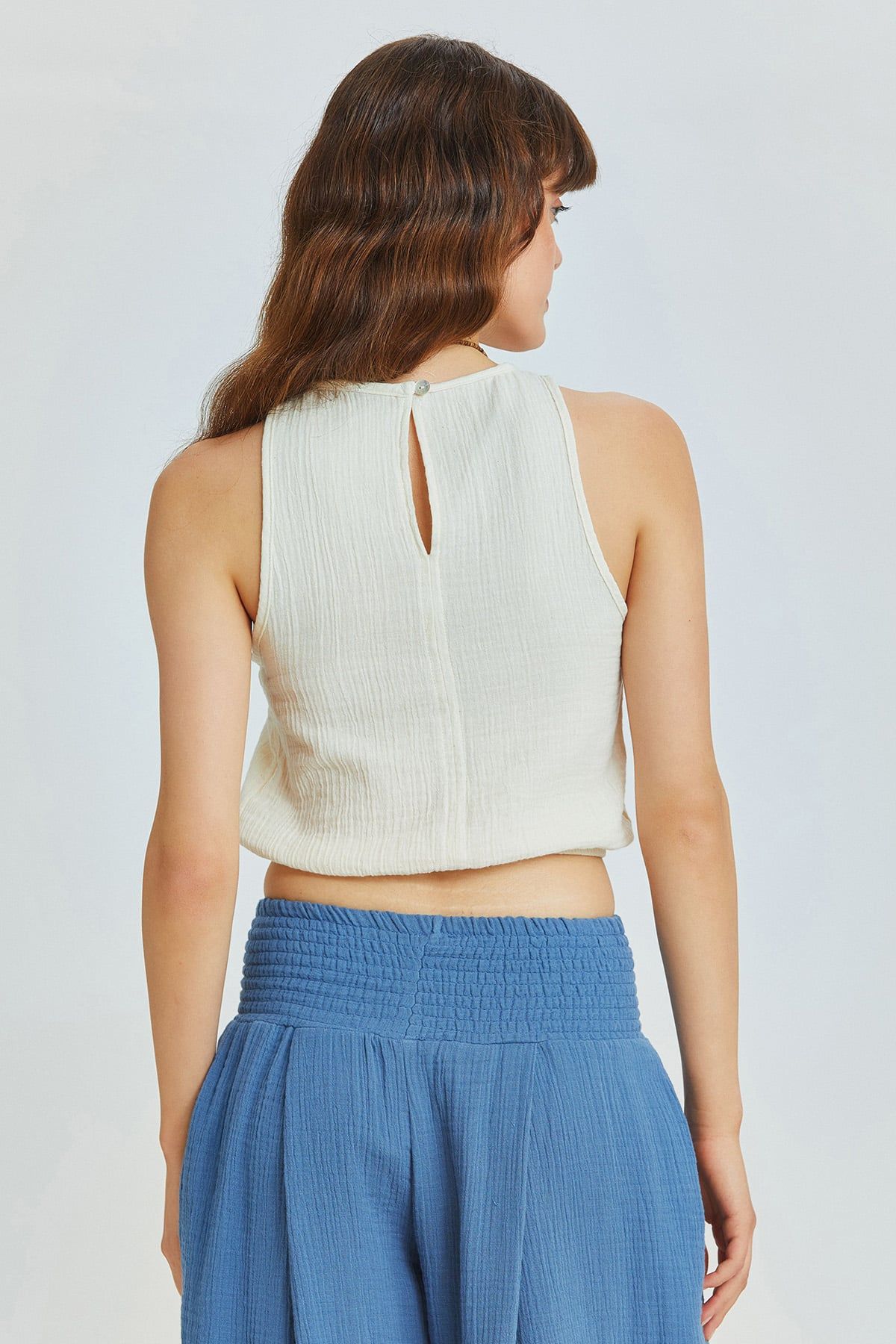 Beli Lastikli Basic Crop Bluz Bej