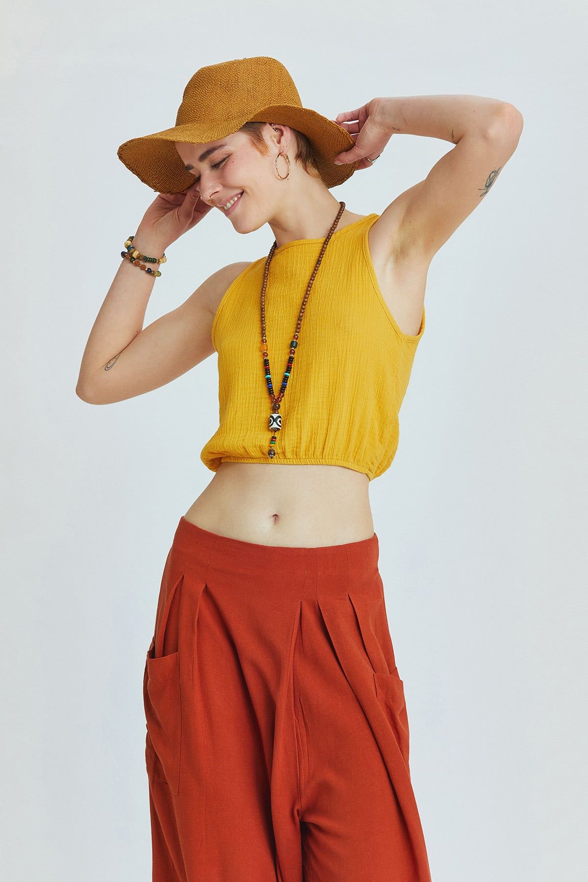 Beli Lastikli Basic Crop Bluz Hardal