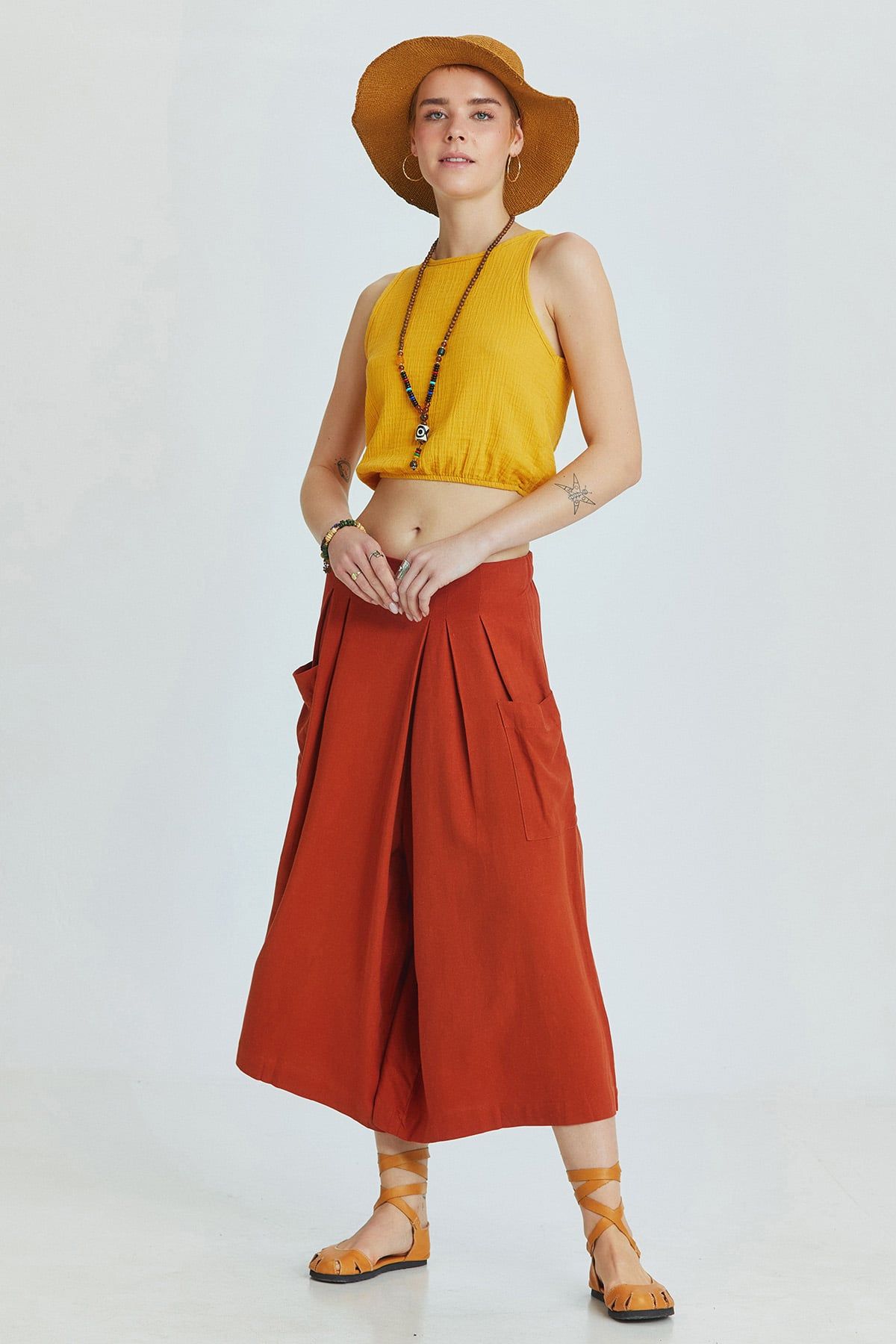 Beli Lastikli Basic Crop Bluz Hardal