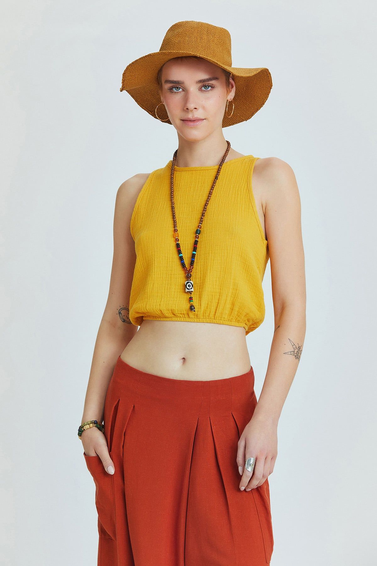 Beli Lastikli Basic Crop Bluz Hardal