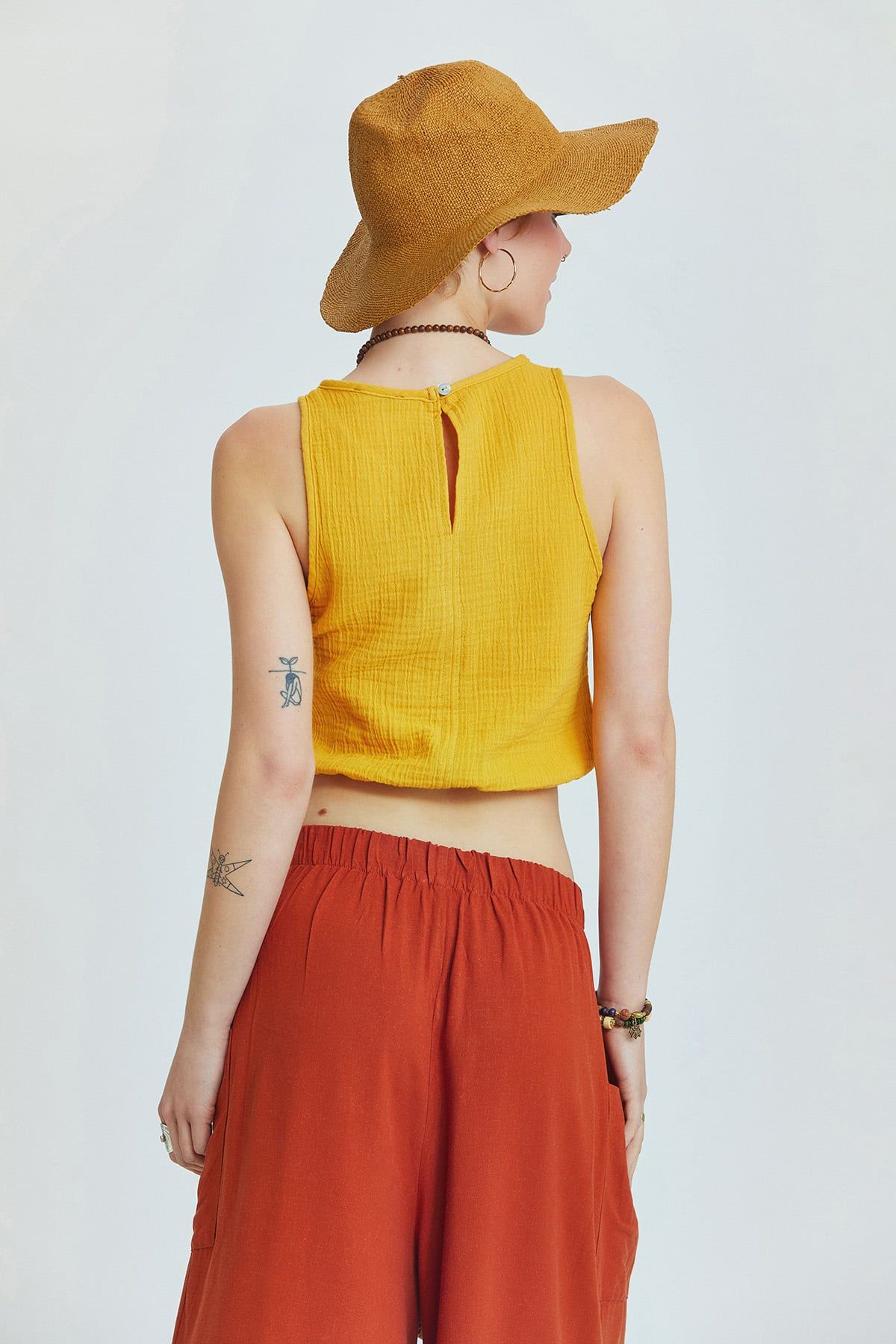 Beli Lastikli Basic Crop Bluz Hardal