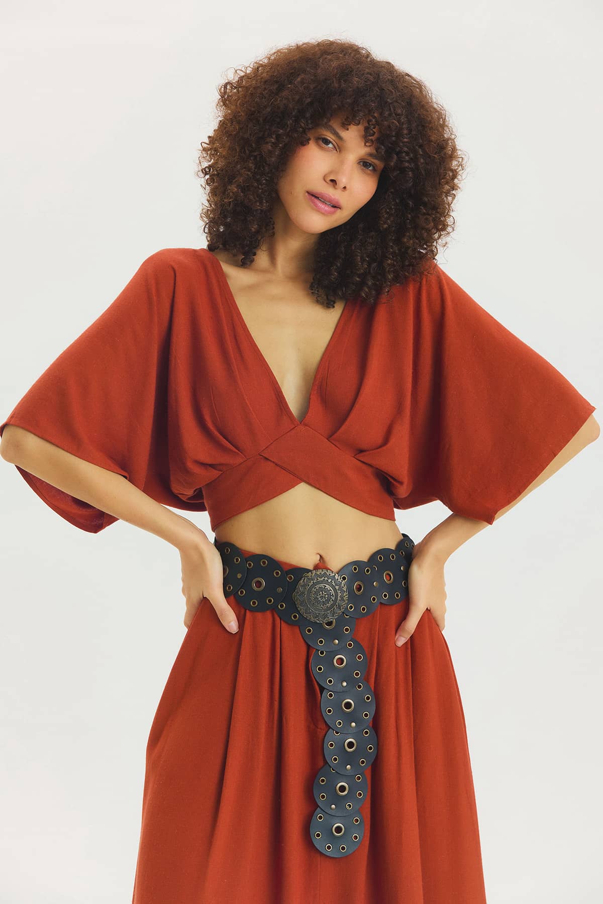 Arkadan Bağlamalı Bohem Crop Bluz Kiremit