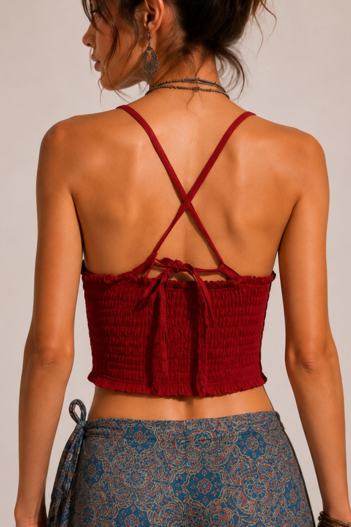 V Yaka Askılı Crop Top Kiremit