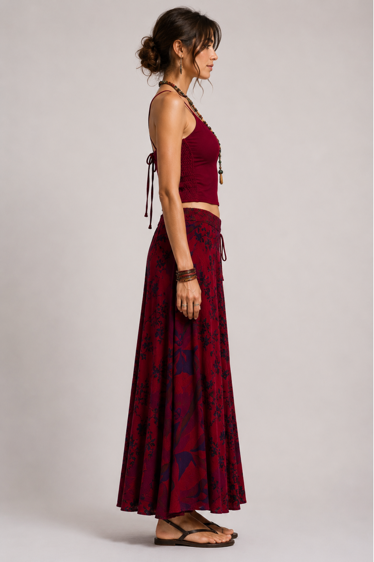 V Yaka Askılı Crop Top Bordo