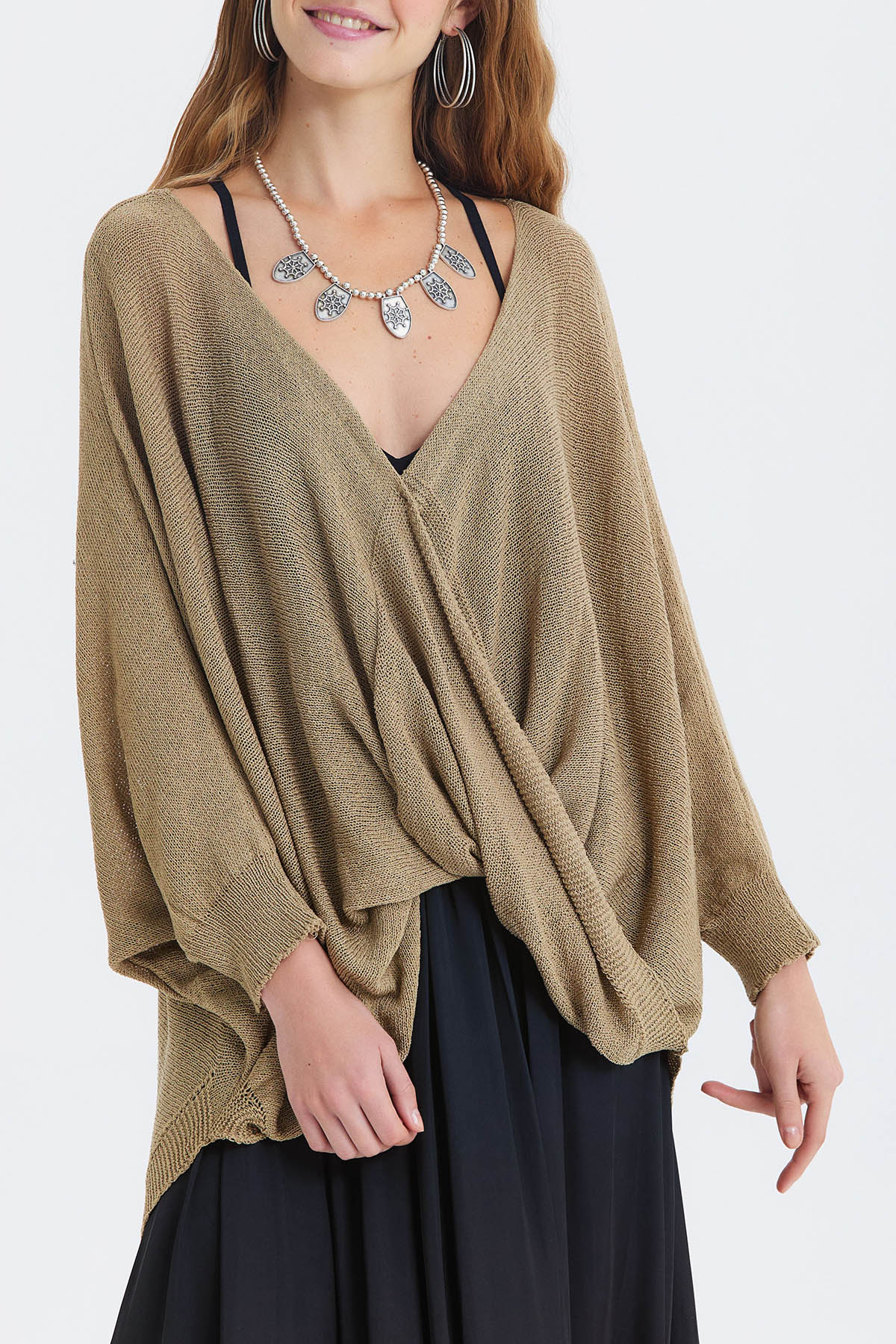 Oversize Bohem Triko Bluz Taba