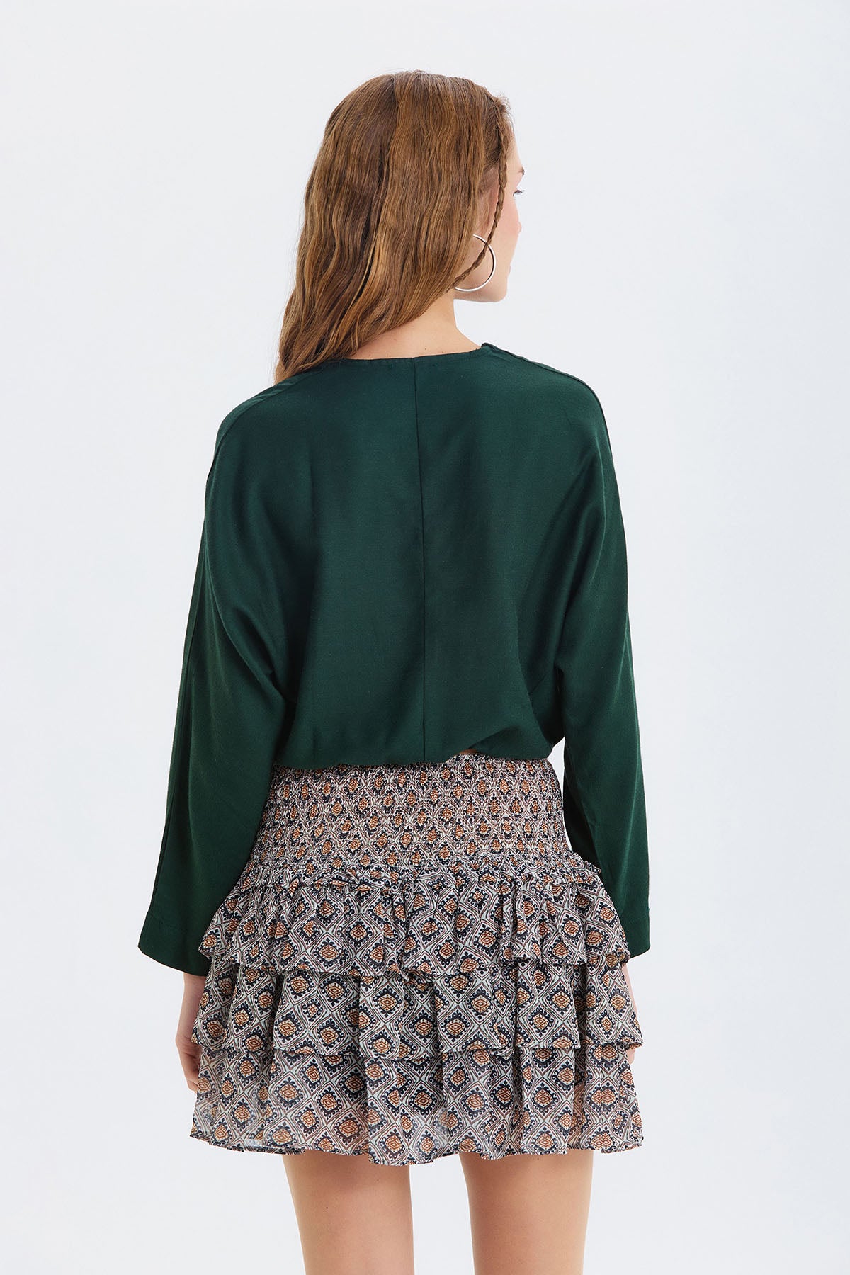 Beli Lastikli Uzun Kollu Crop Bluz Yeşil