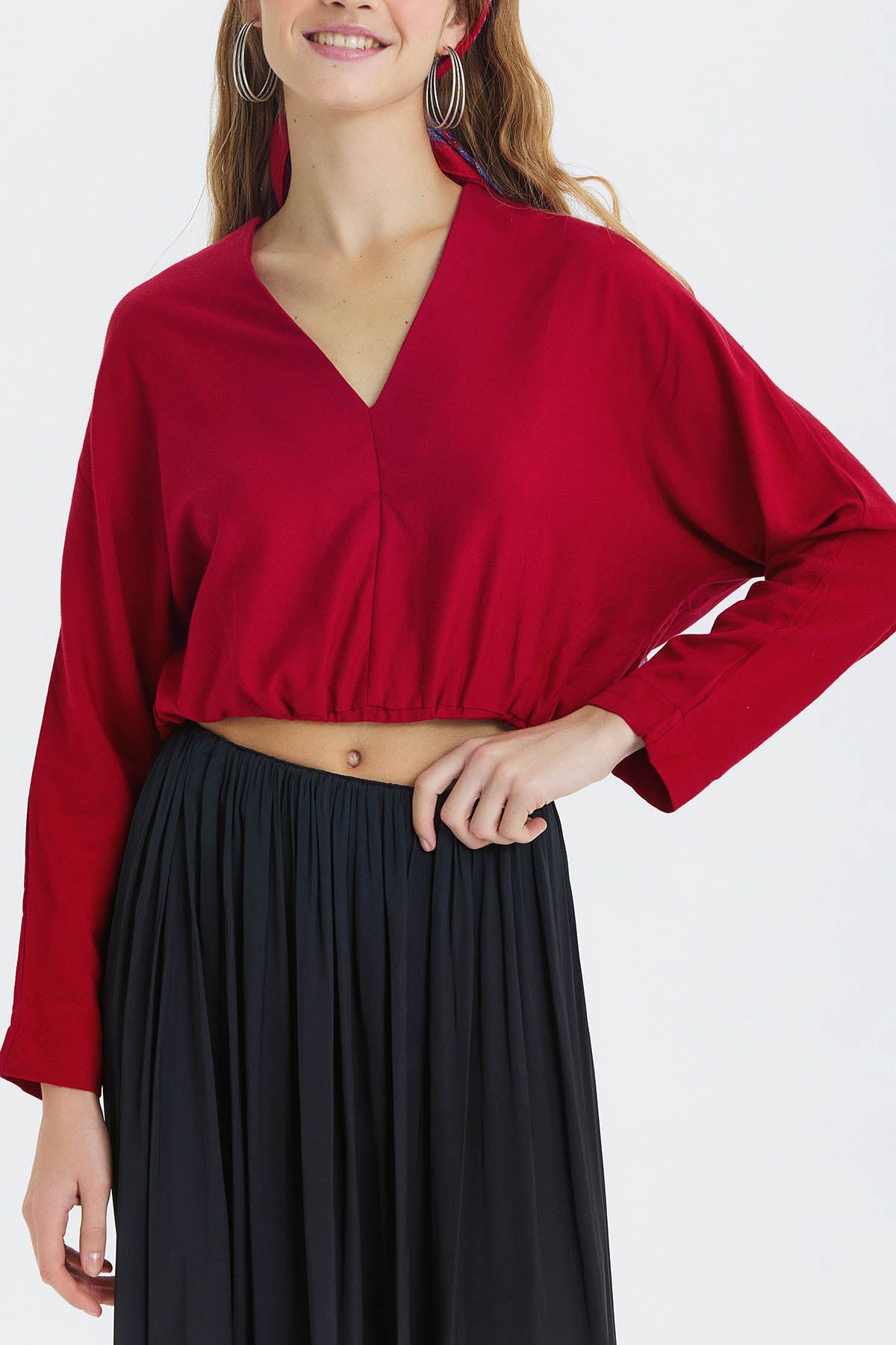 Beli Lastikli Uzun Kollu Crop Bluz Kırmızı