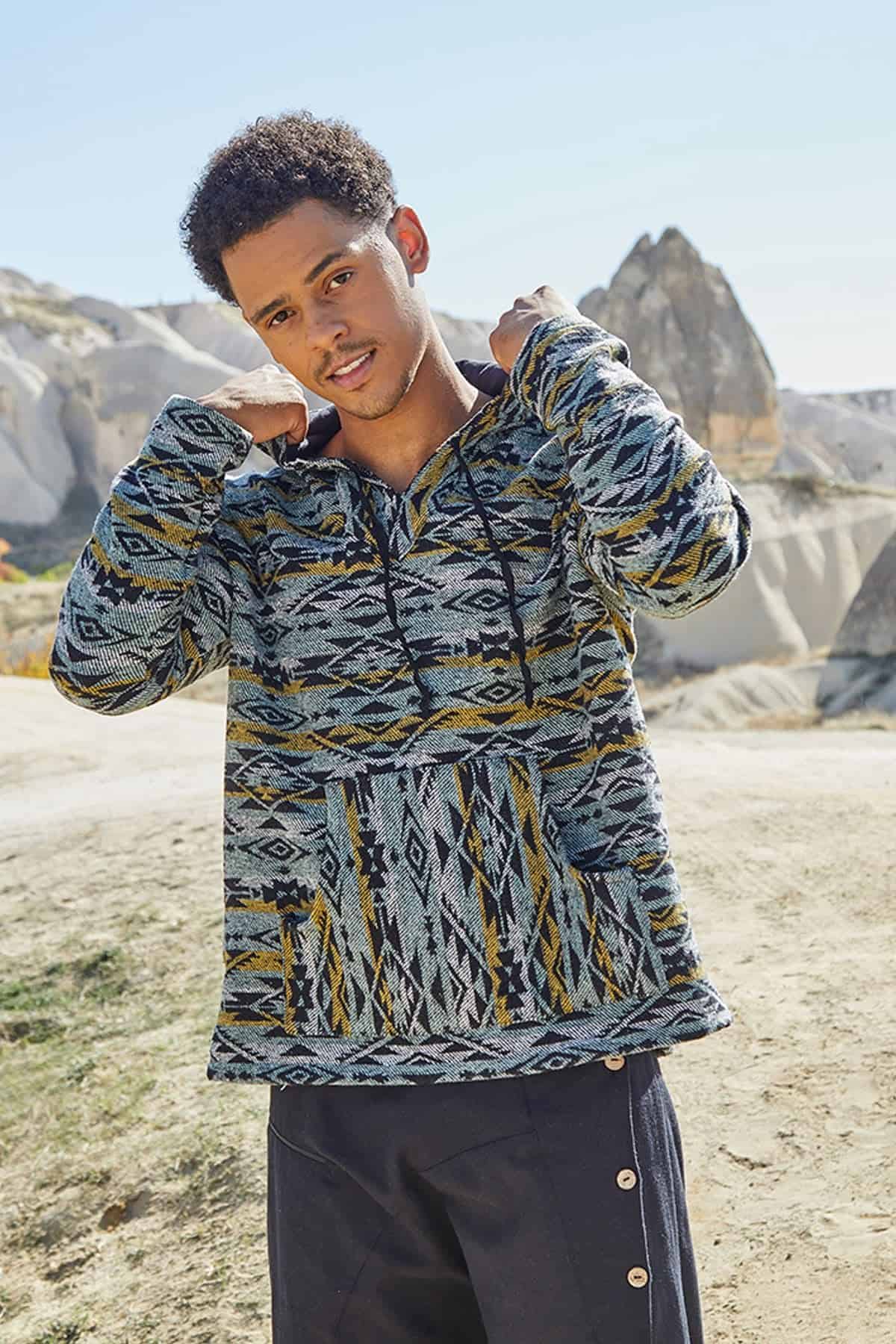 Etnik Desenli Kapüşonlu Sweatshirt Gri