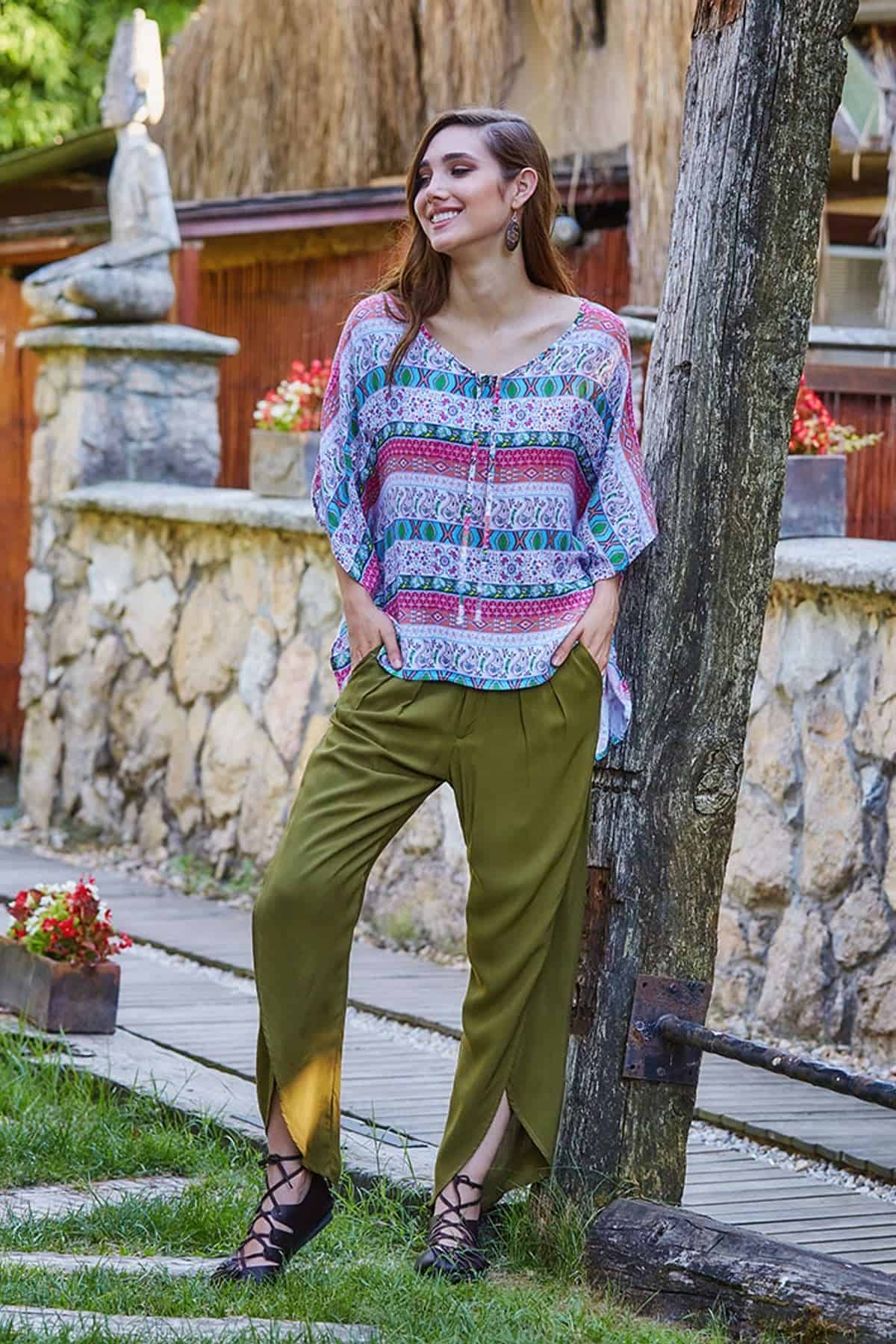 Yırtmaçlı Bohem Otantik Pantolon Haki