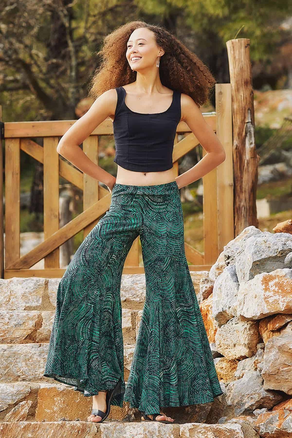Geniş Paça Bohem Kadın Pantolon Yeşil