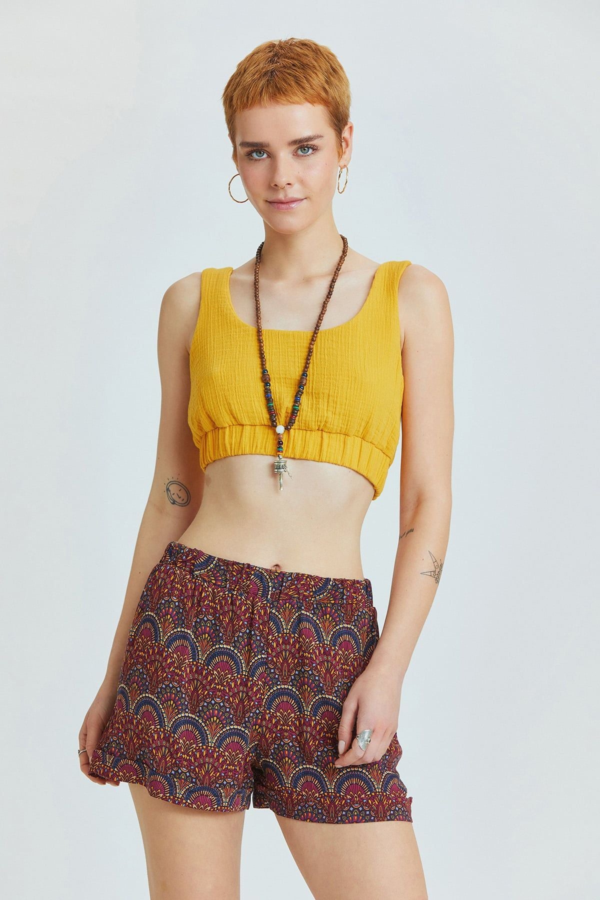 Desenli Bohem Kadın Şort Mor