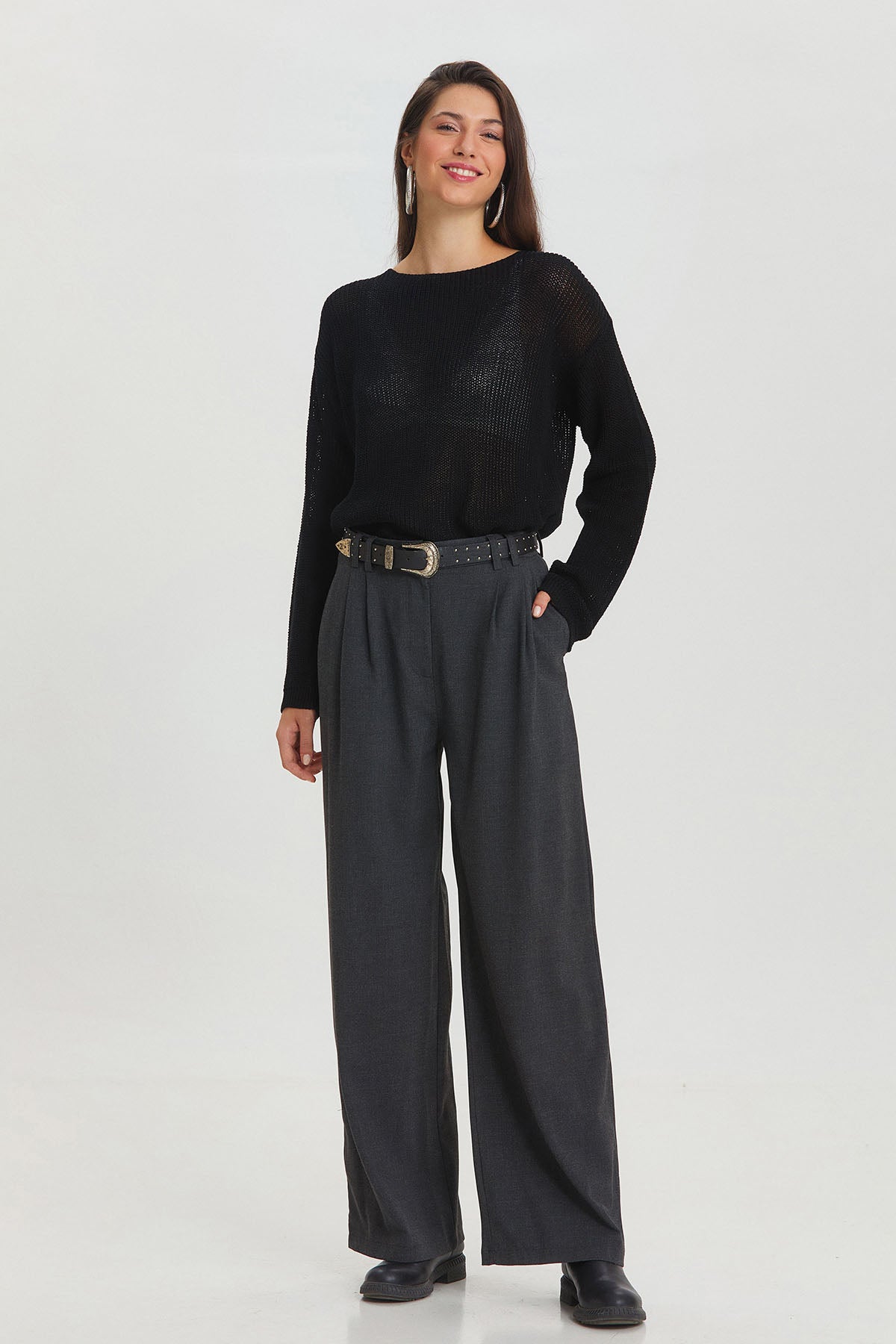 Pilili Loose Fit Şık Kumaş Pantolon Koyu Gri
