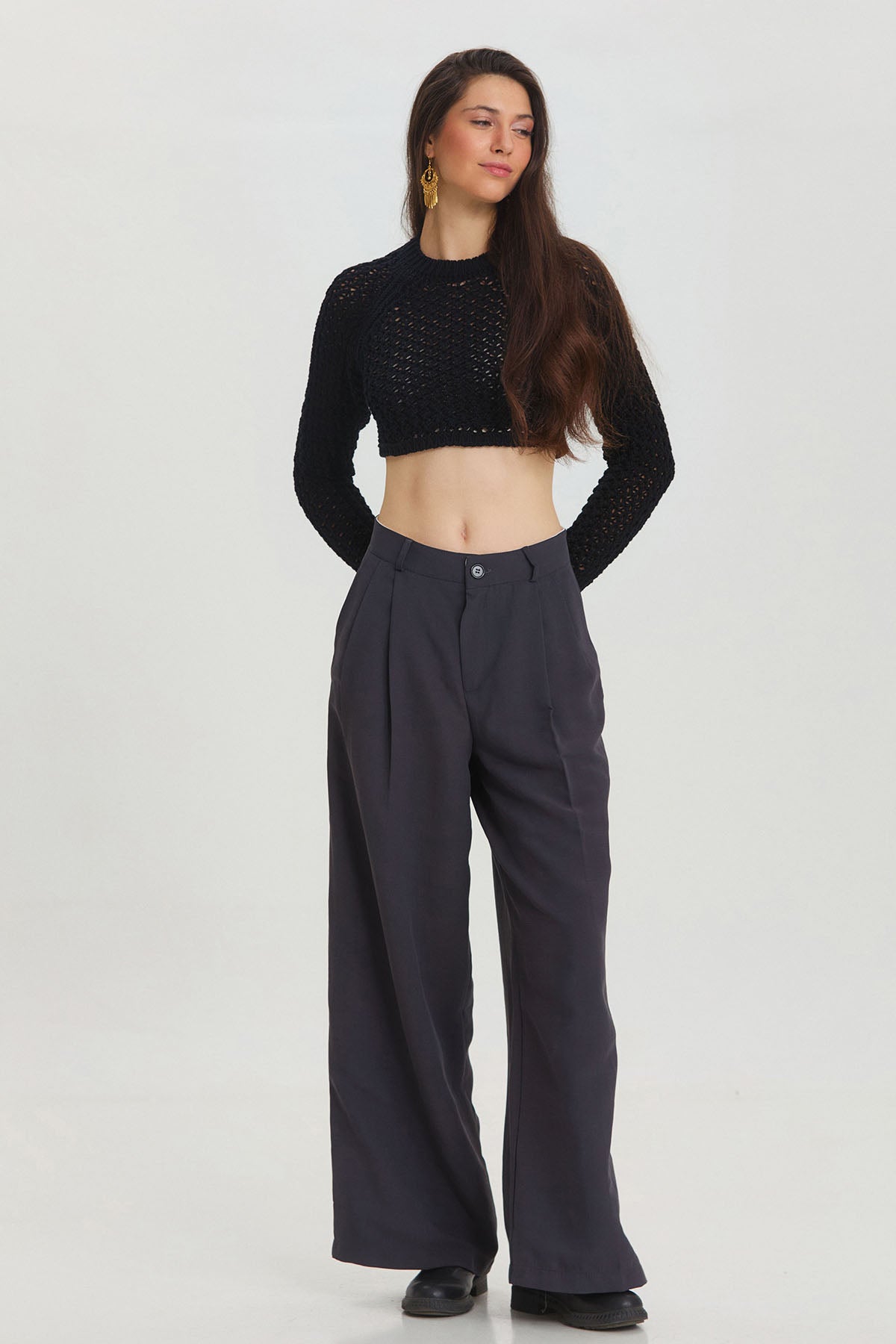 Pilili Loose Fit Şık Kumaş Pantolon Koyu Gri