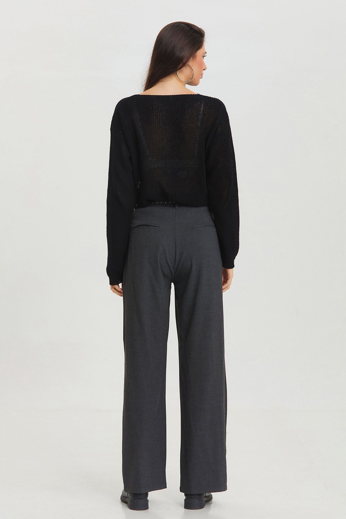 Pilili Loose Fit Şık Kumaş Pantolon Koyu Gri