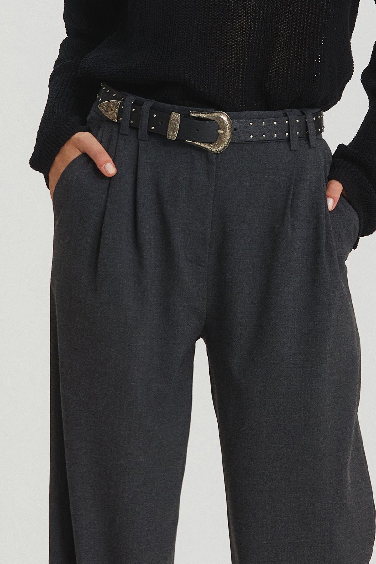 Pilili Loose Fit Şık Kumaş Pantolon Koyu Gri