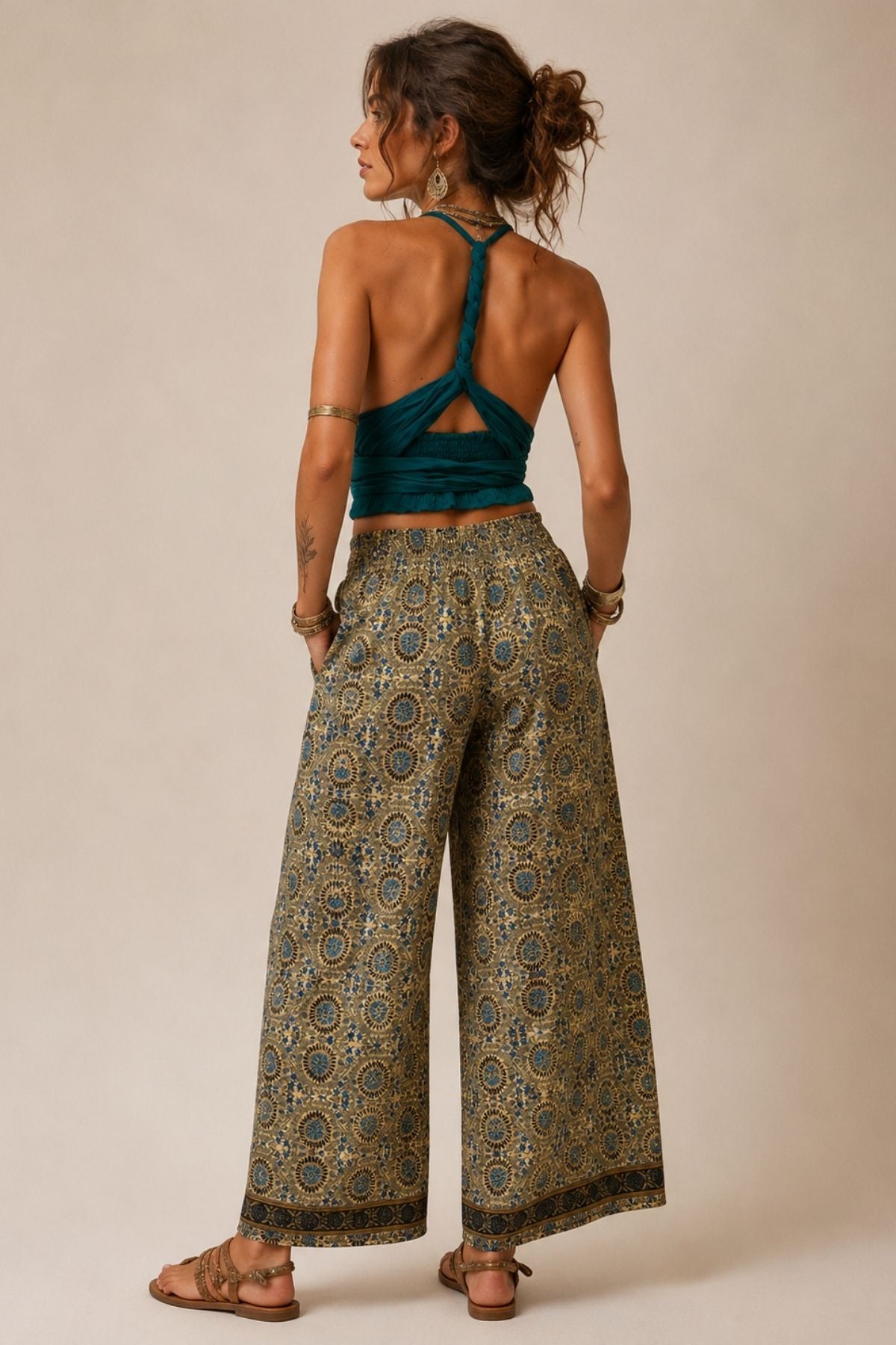 Desenli Etekli Pantolon Kahverengi