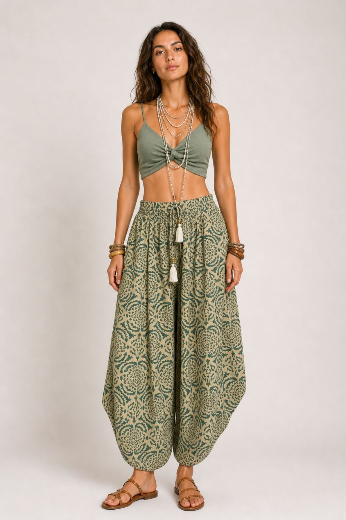 Etnik Desenli Harem Pantolon Yeşil