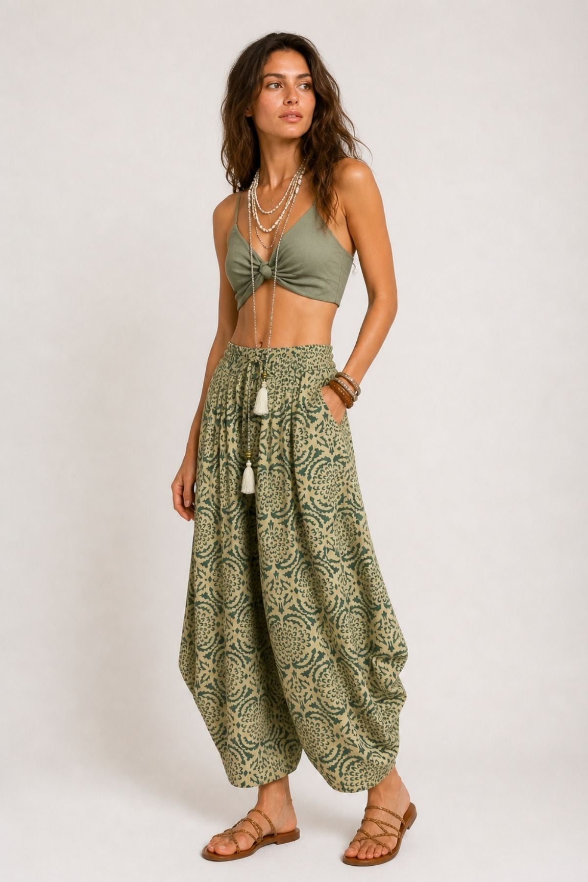Etnik Desenli Harem Pantolon Yeşil