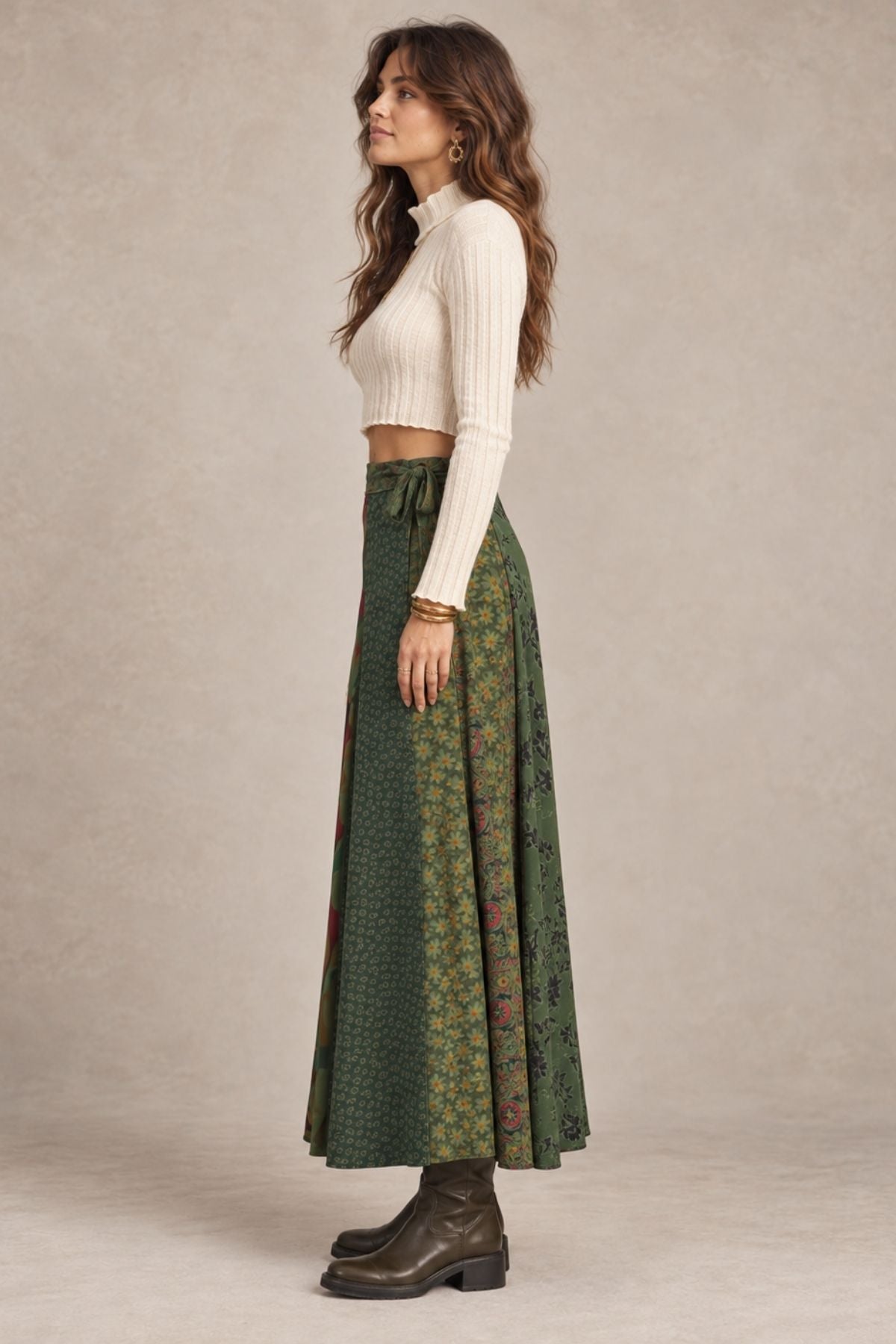 Uzun Patchwork Etek Yeşil