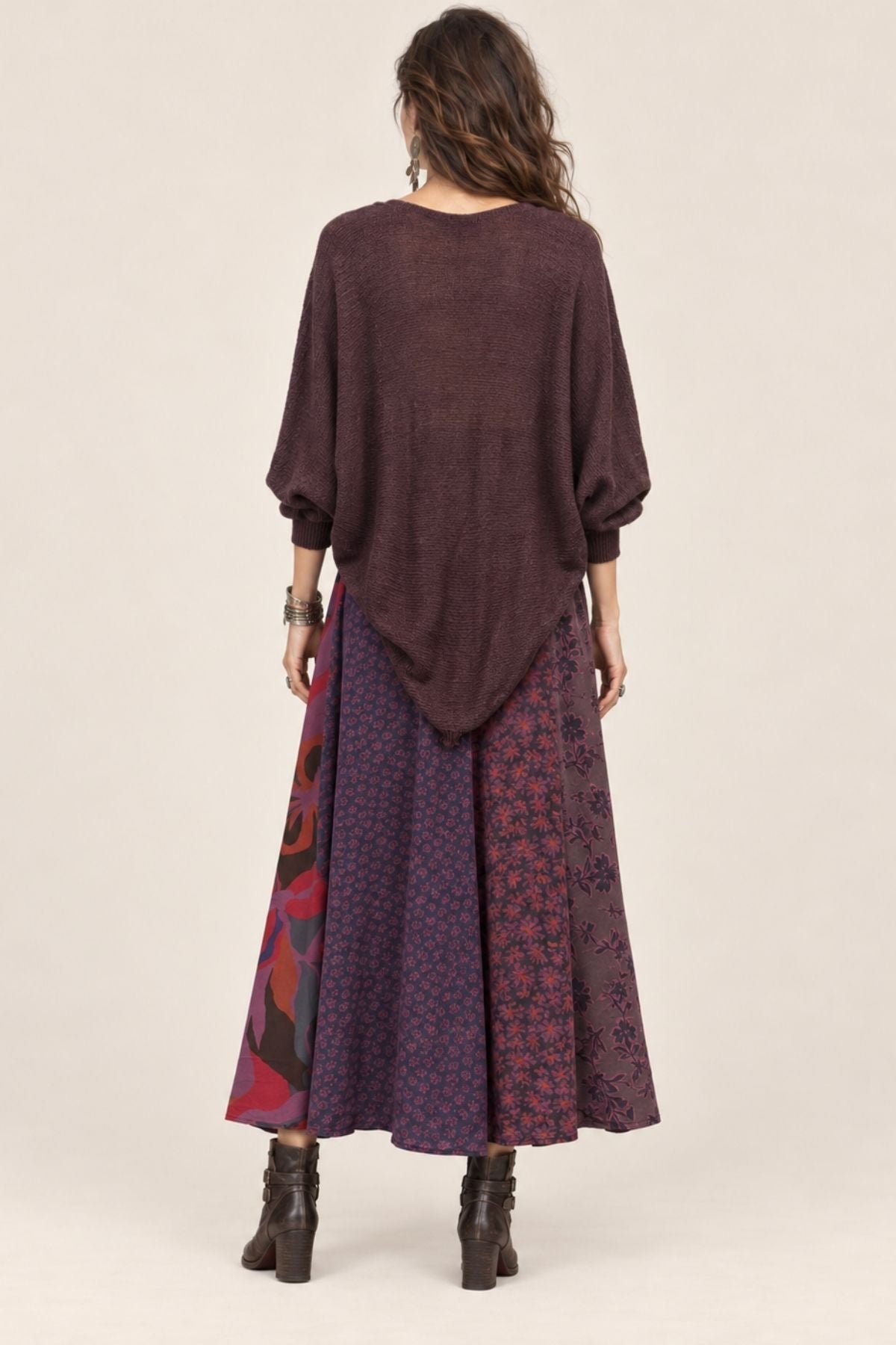 Uzun Patchwork Etek Mor