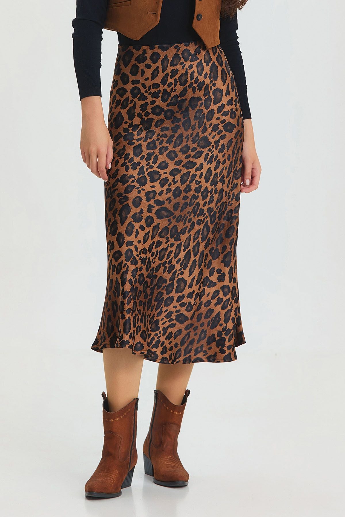 Leopar Desenli Midi Boy Saten Etek Taba